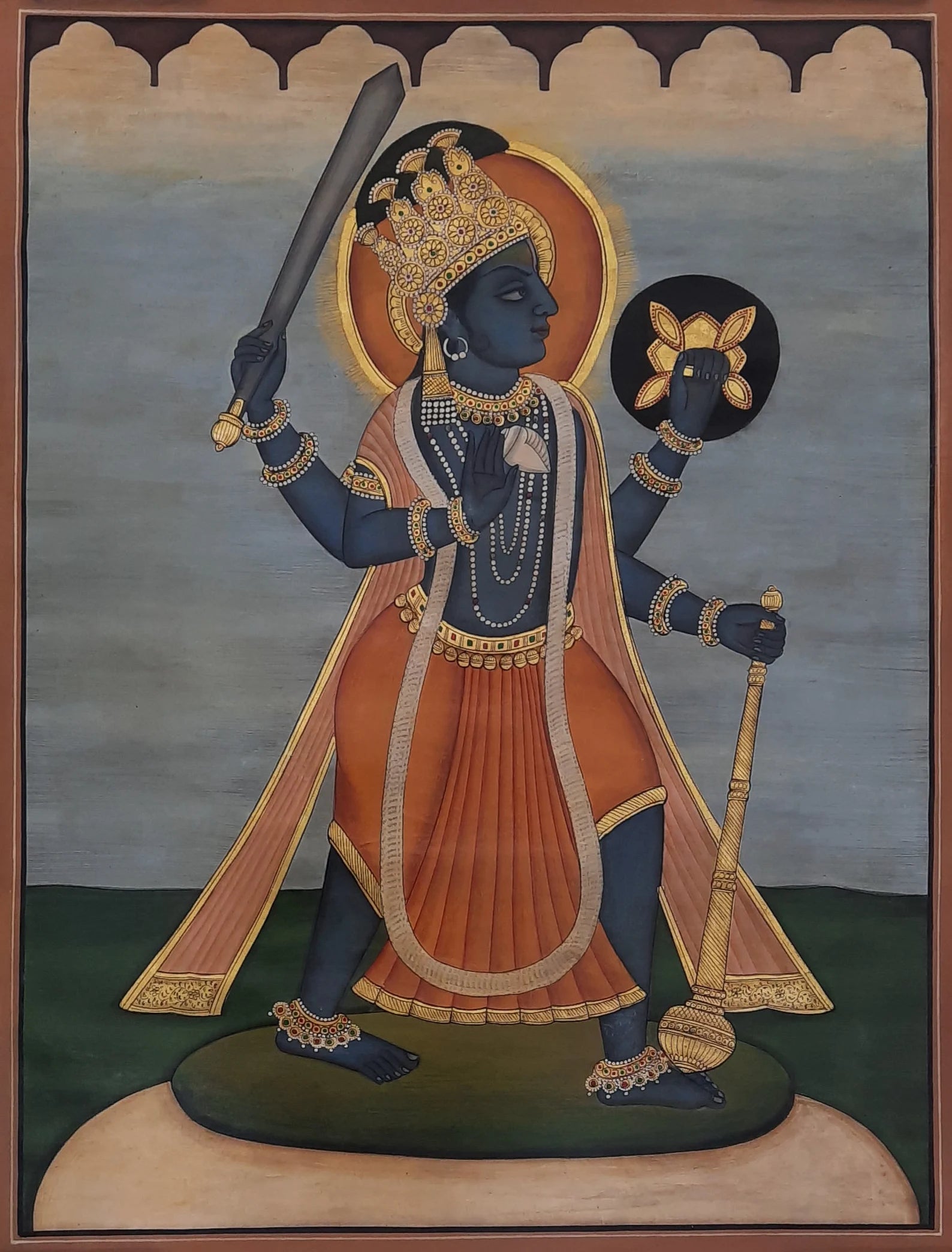 Hand-painted Indian artwork portraying Lord Vishnu with symbolic attributes and ornate detailing
