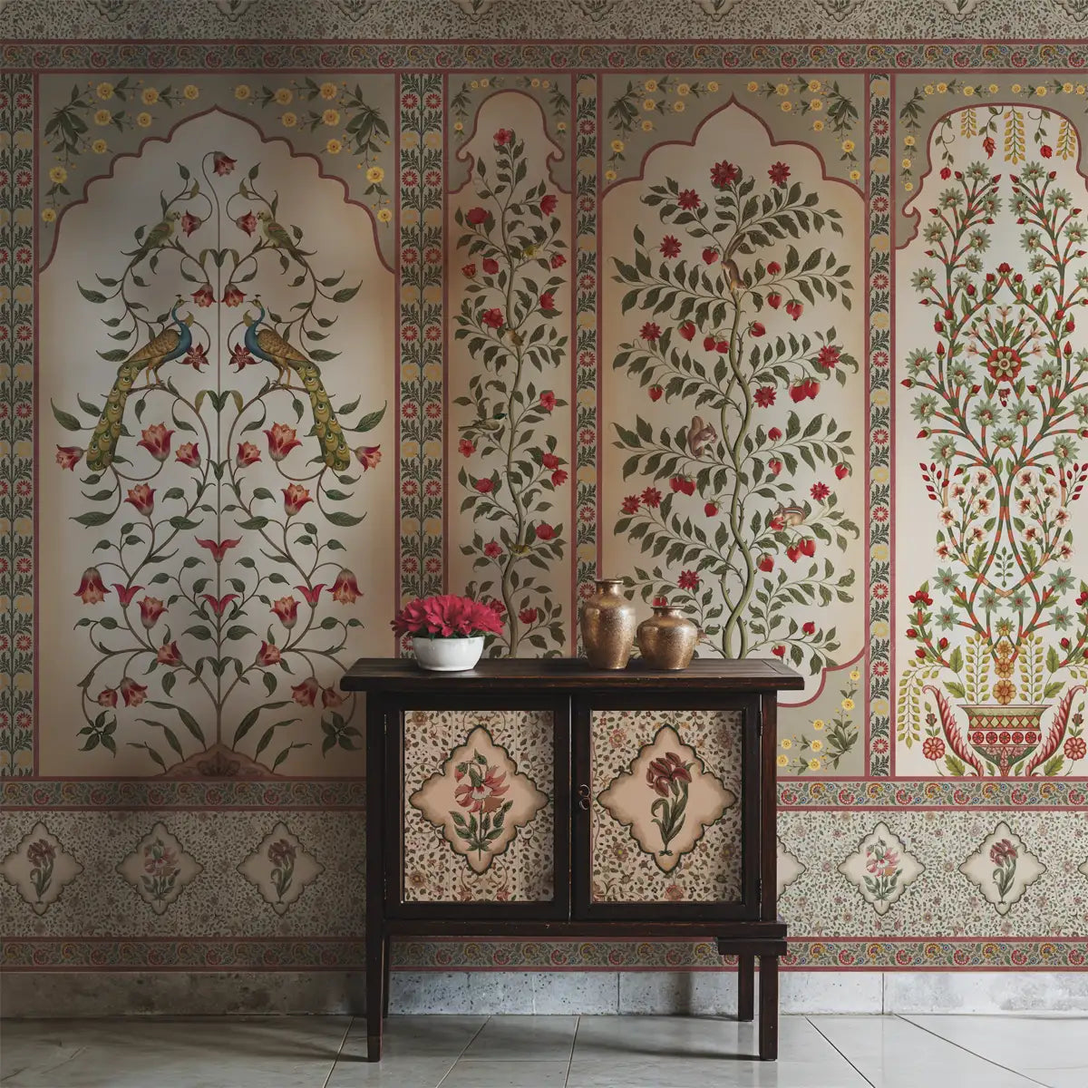 Garden inspired wall artwork featuring Madhuban florals in blush pink tones for a soothing and elegant interior mood