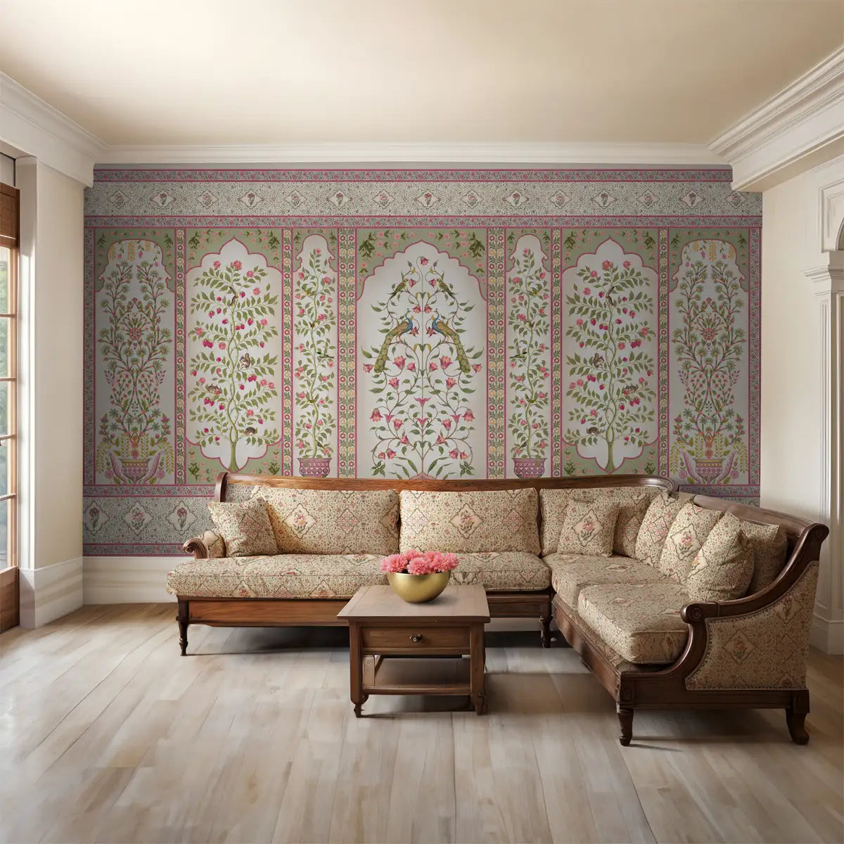 Elegant floral wall design inspired by Madhuban showcasing layered blooms and gentle pink hues for refined interiors