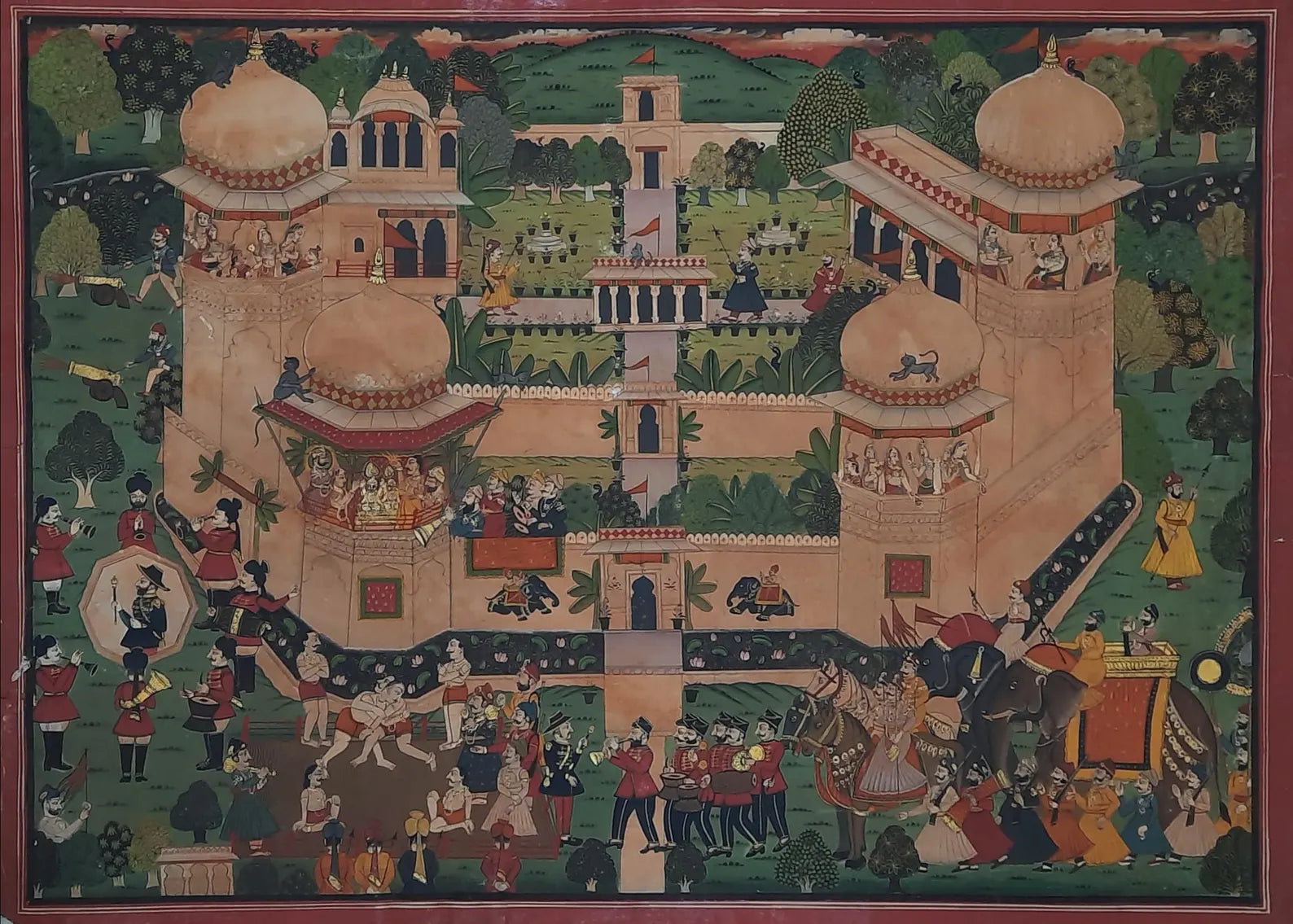 Indian miniature painting depicting Maharao Chattar Sal presiding over the ceremonial Chhapan Bhog feast