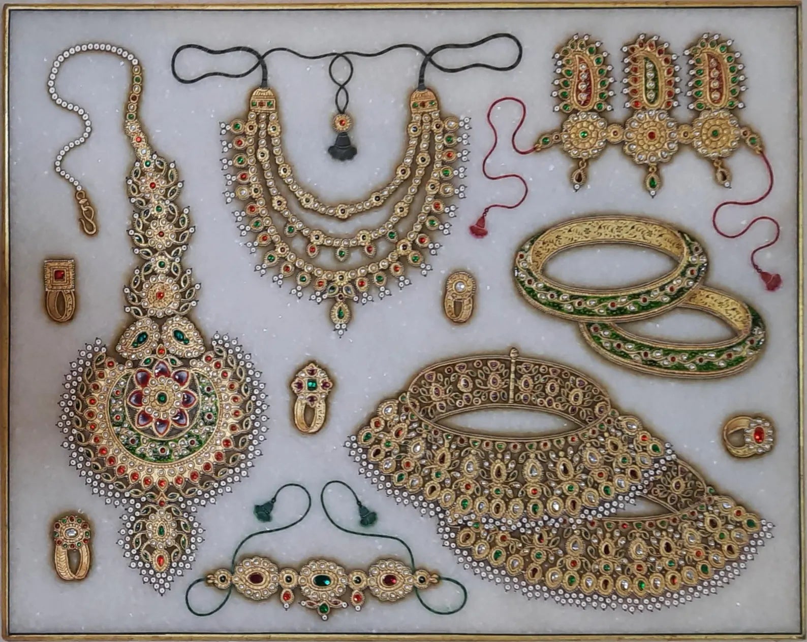 Hand-painted marble artwork showcasing an arranged collection of Indian royal jewelry designs