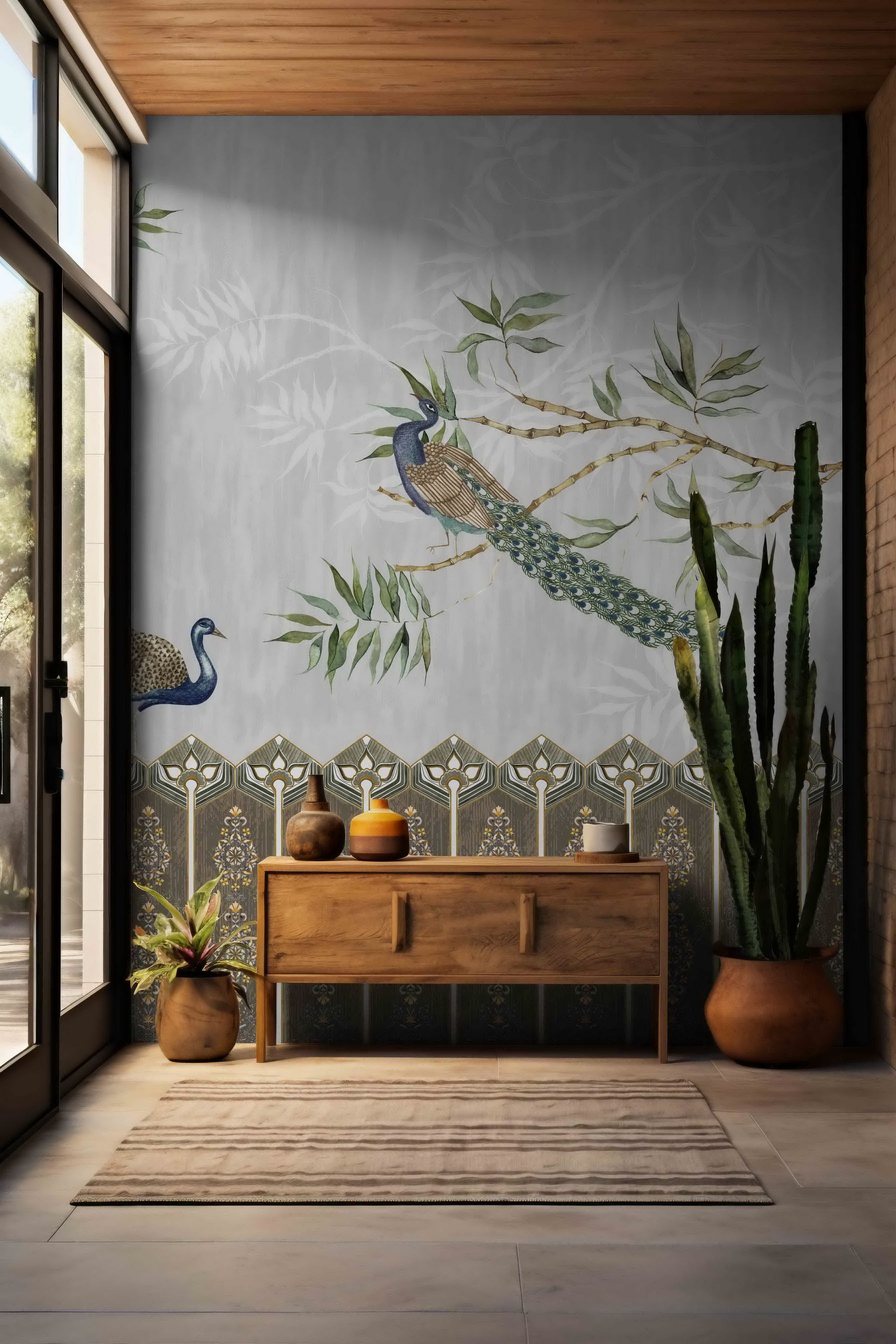Majestic Perch Peacock wallpaper - Customized traditional animal wallpaper for hallway