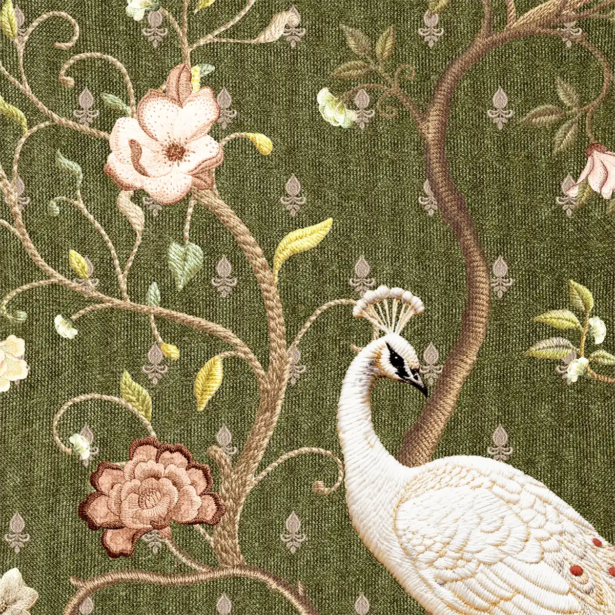 Decorative wallpaper with pink flowers and greenery in a grid pattern.