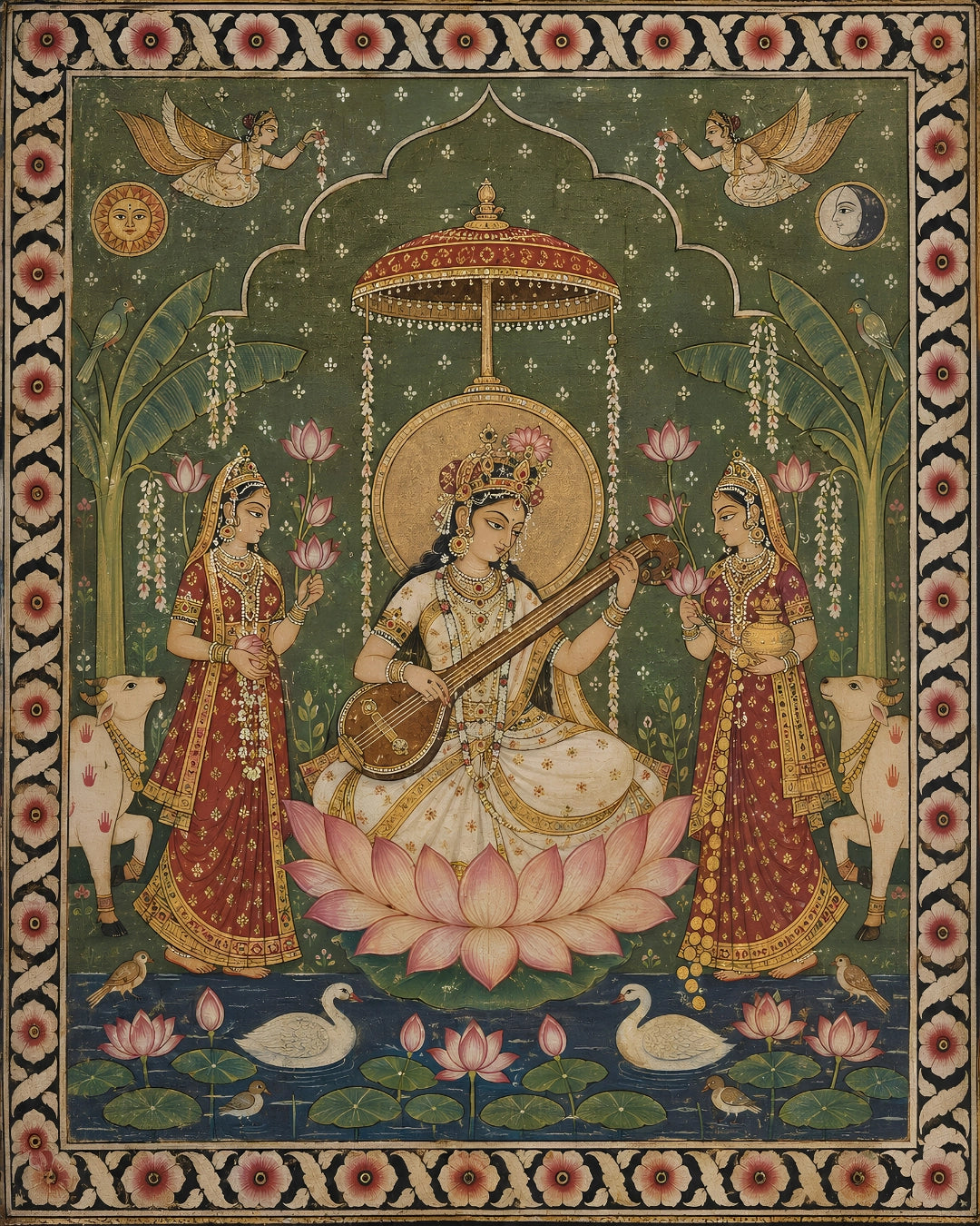 Art print - “Veena Vilasini”: Goddess Saraswati in a Garden of Music & Devotion