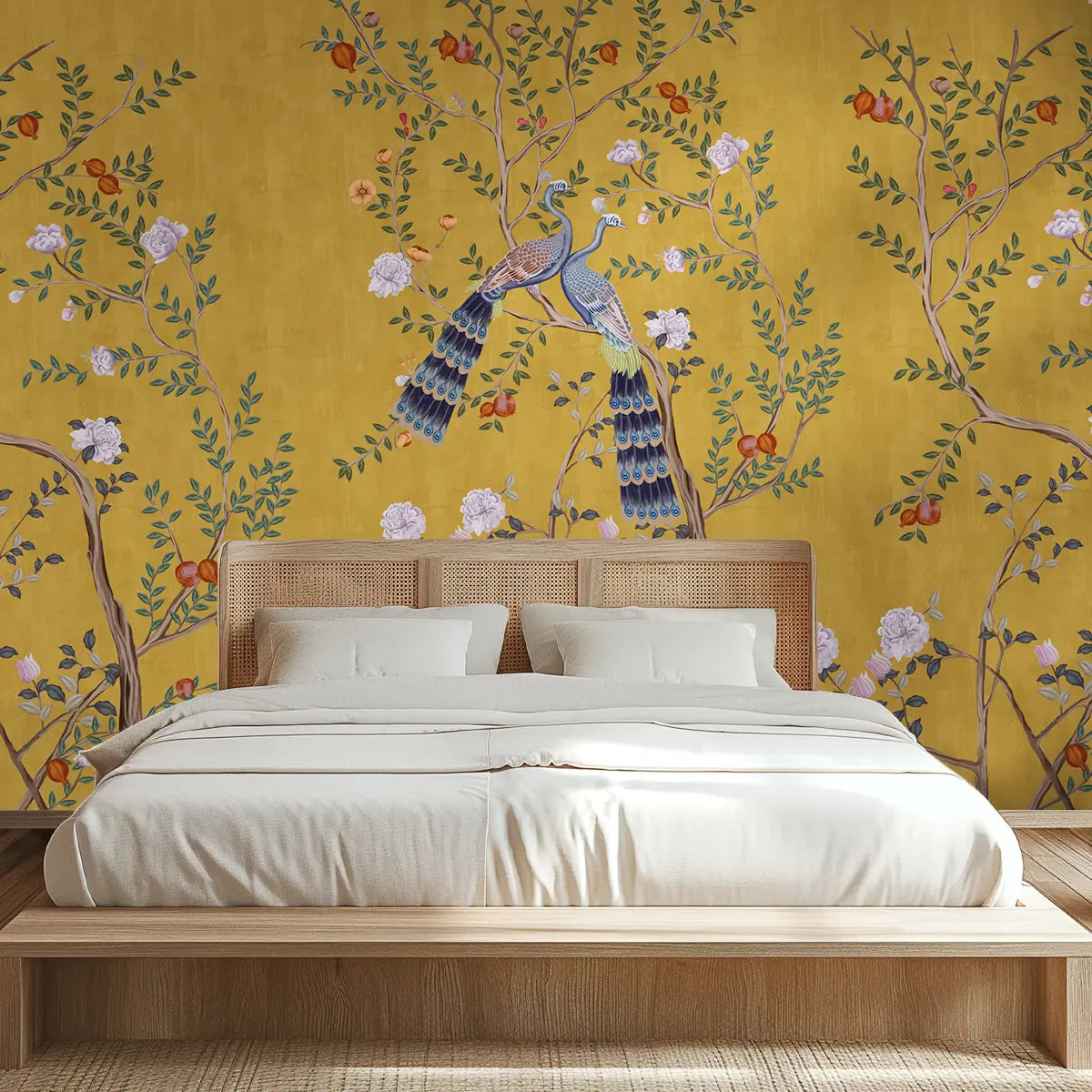 Golden yellow peacock wallpaper with floral branches in a chinoiserie-inspired pattern