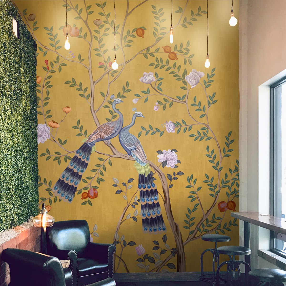 Golden peacock wallpaper with blossoms used as a bedroom feature wall