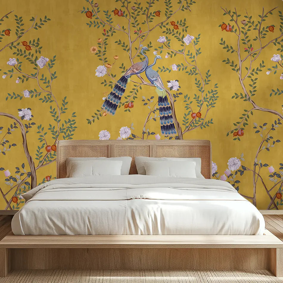 Golden Plumage Morni Chinoiserie wallpaper - Customized traditional Peacock Chinoiserie wallpaper for bed room