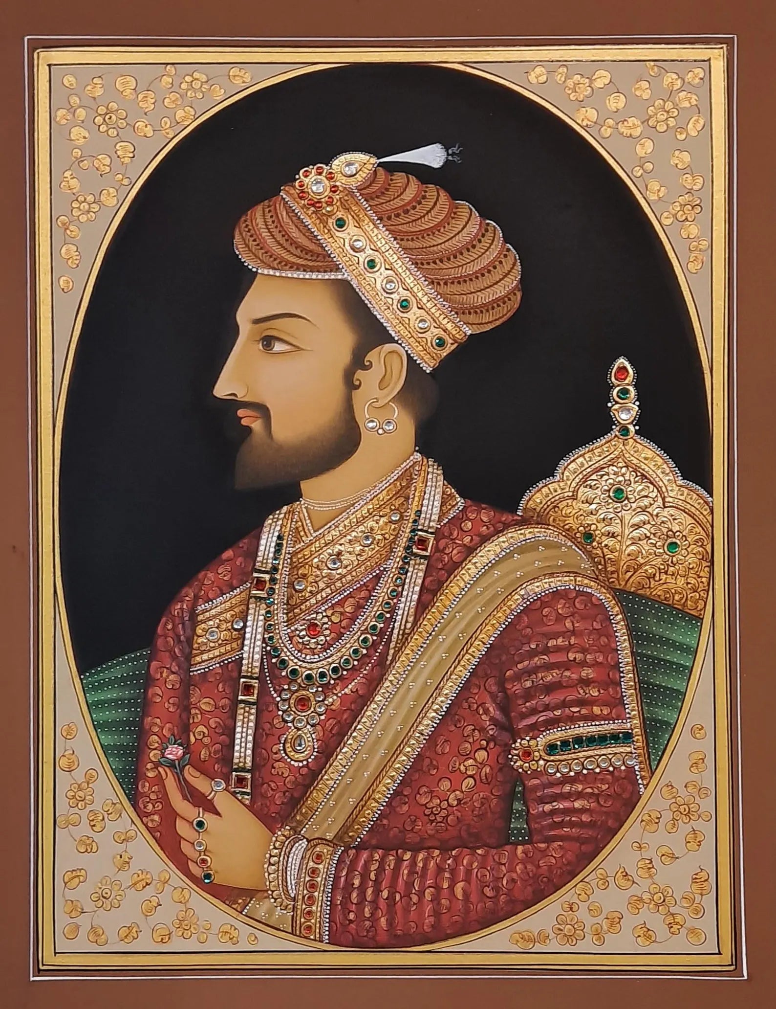 Mughal miniature portrait of an emperor rendered with detailed brushwork on paper