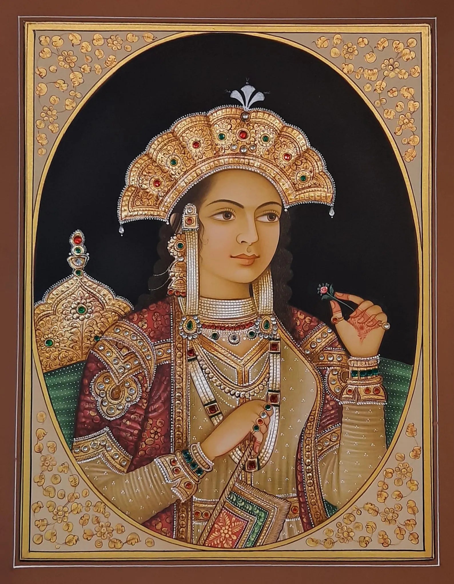 Hand-painted Mughal miniature painting depicting an emperor and queen in royal court attire