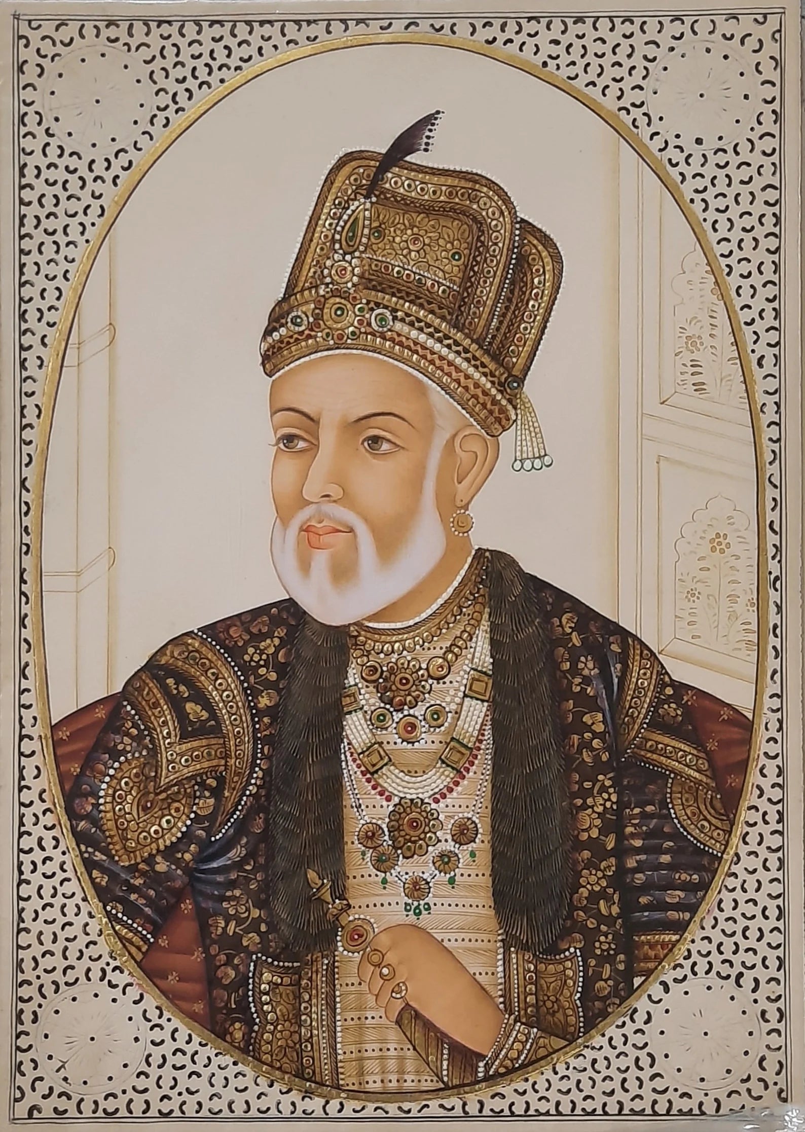 Mughal miniature portrait of a king wearing traditional court attire and turban