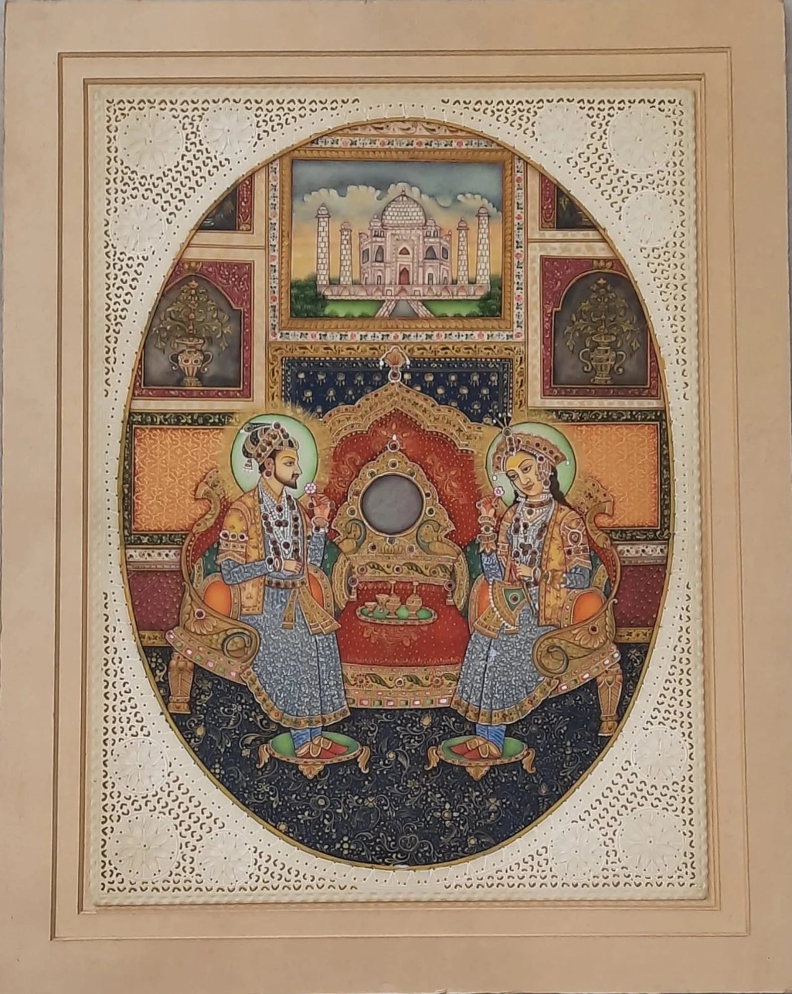 Mughal miniature painting depicting king and queen seated in a royal court with attendants