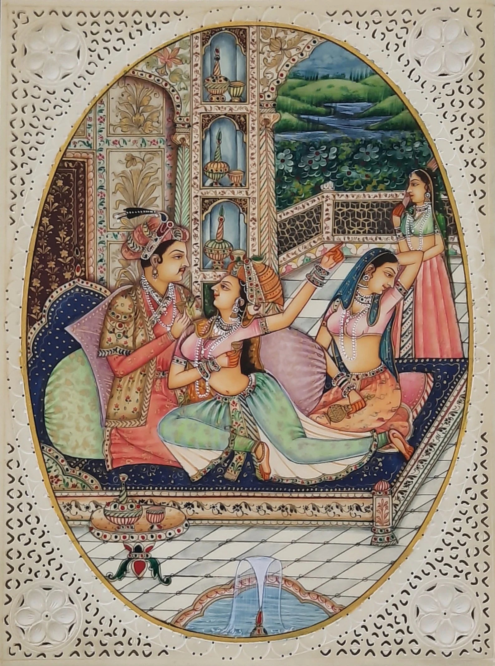 Mughal miniature painting showing an intimate palace scene with royal figures indoors