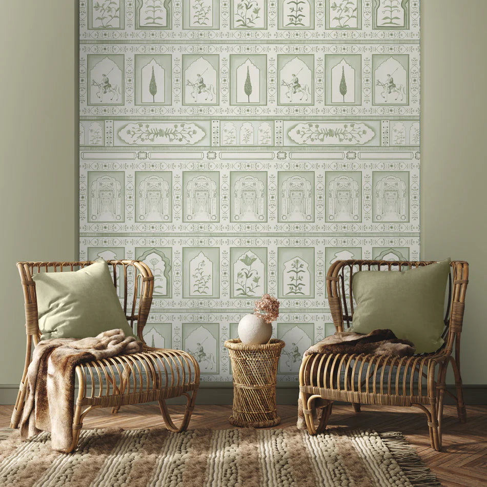 Mughal panel wallpaper with soft green tones, featuring jali-inspired arches and floral geometry drawn from Indian palace architecture.