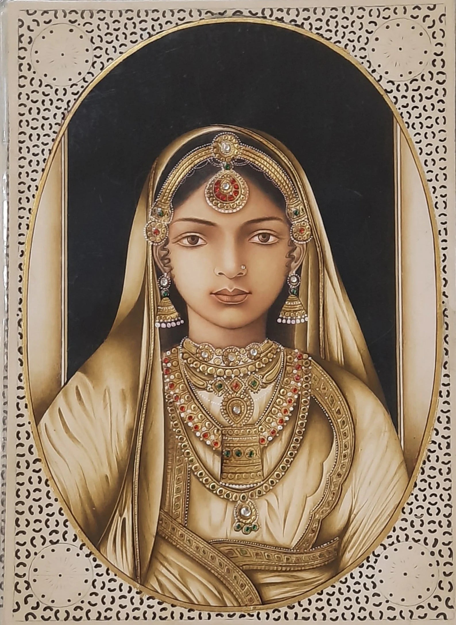Mughal miniature portrait of a royal queen adorned with jewellery and embroidered robes