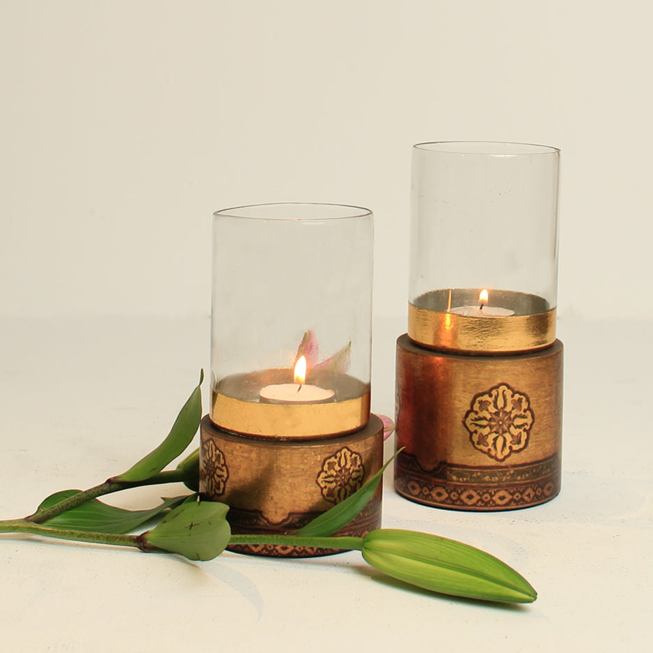 'Dhruva' Glass Votive Set of 2 in Glass and Wood
