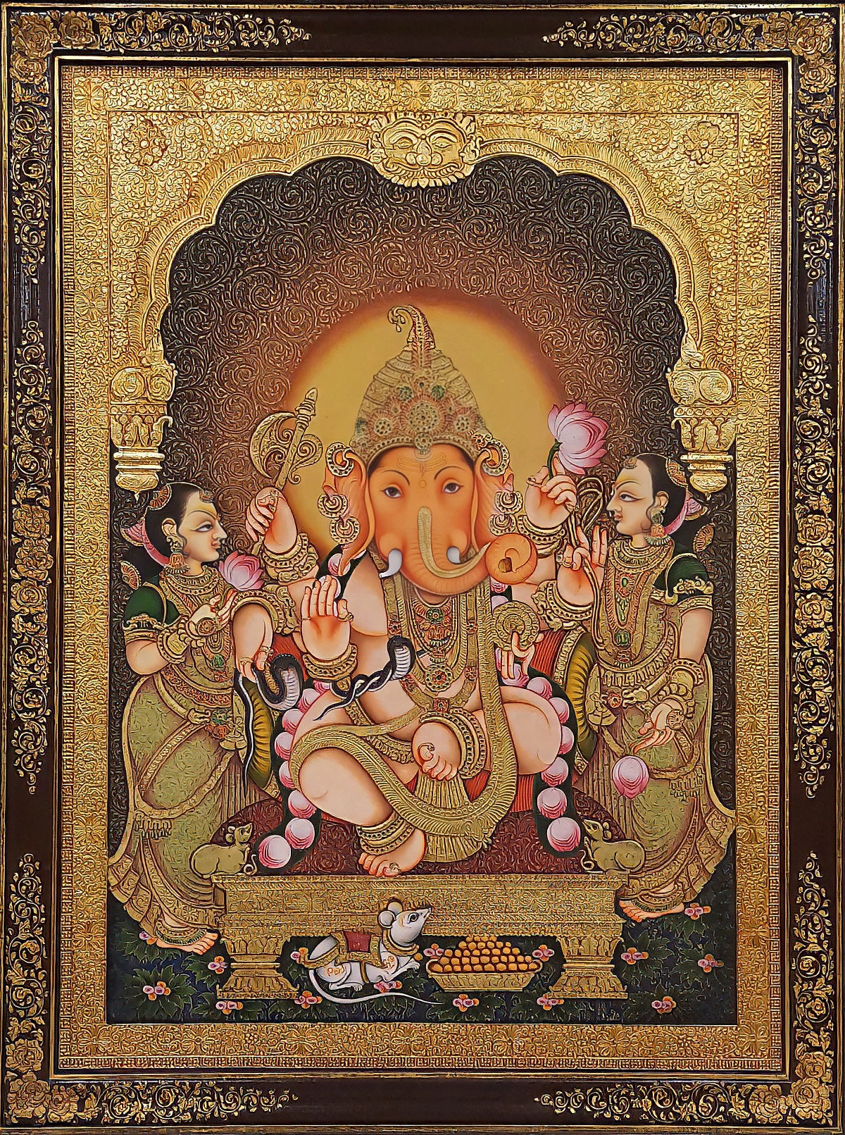 Sacred Lord 'Ganesh' Tanjore Painting with Offerings: Harbinger of Abundance and Prosperity (24k Gold)
