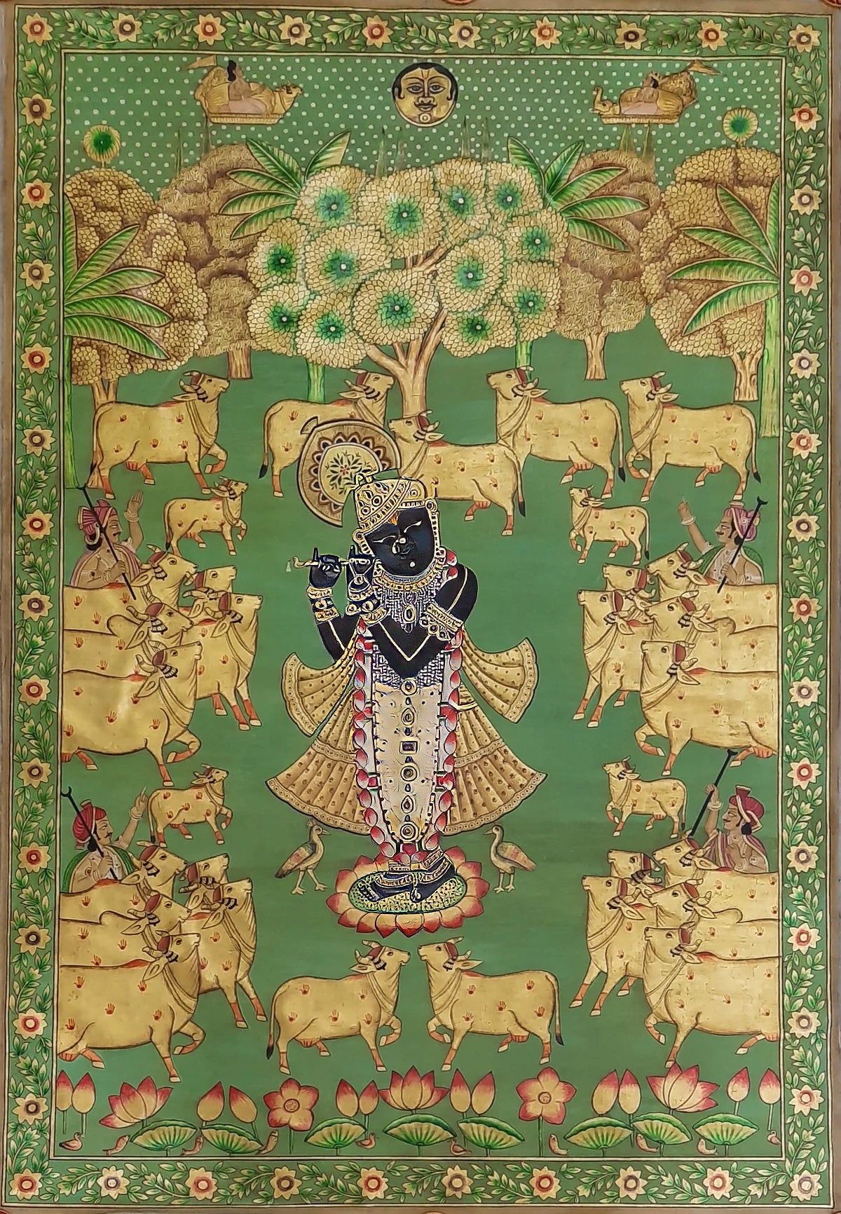'Pichwai' Painting of Lord 'Shrinathji' with Golden Cows (24k Gold)