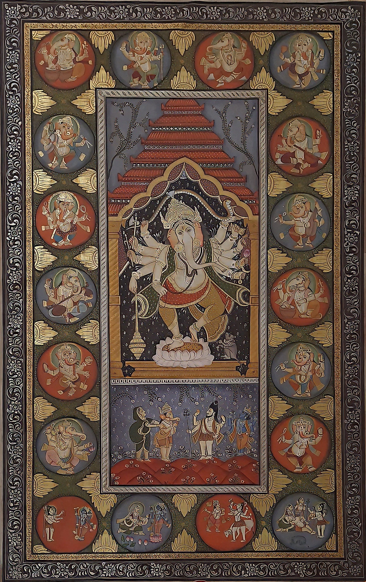 Divine 'Ganesh Pichwai' Painting: Harbinger of Auspicious Beginnings (24k Gold)