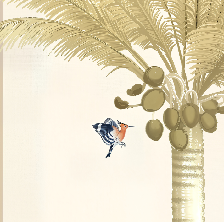 Palm tree tropical wallpaper with delicate botanical detailing, inspired by coastal India and suited for elegant, light-filled home décor.