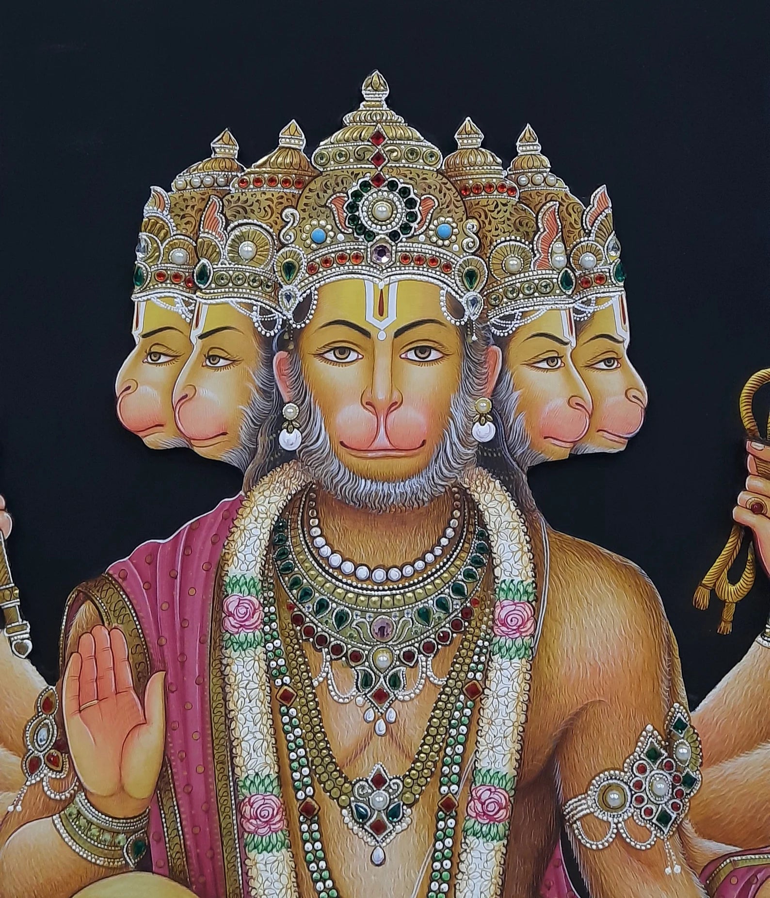 Detailed Indian painting of Panchmukhi Hanuman Ji with bold colours and symbolic attributes