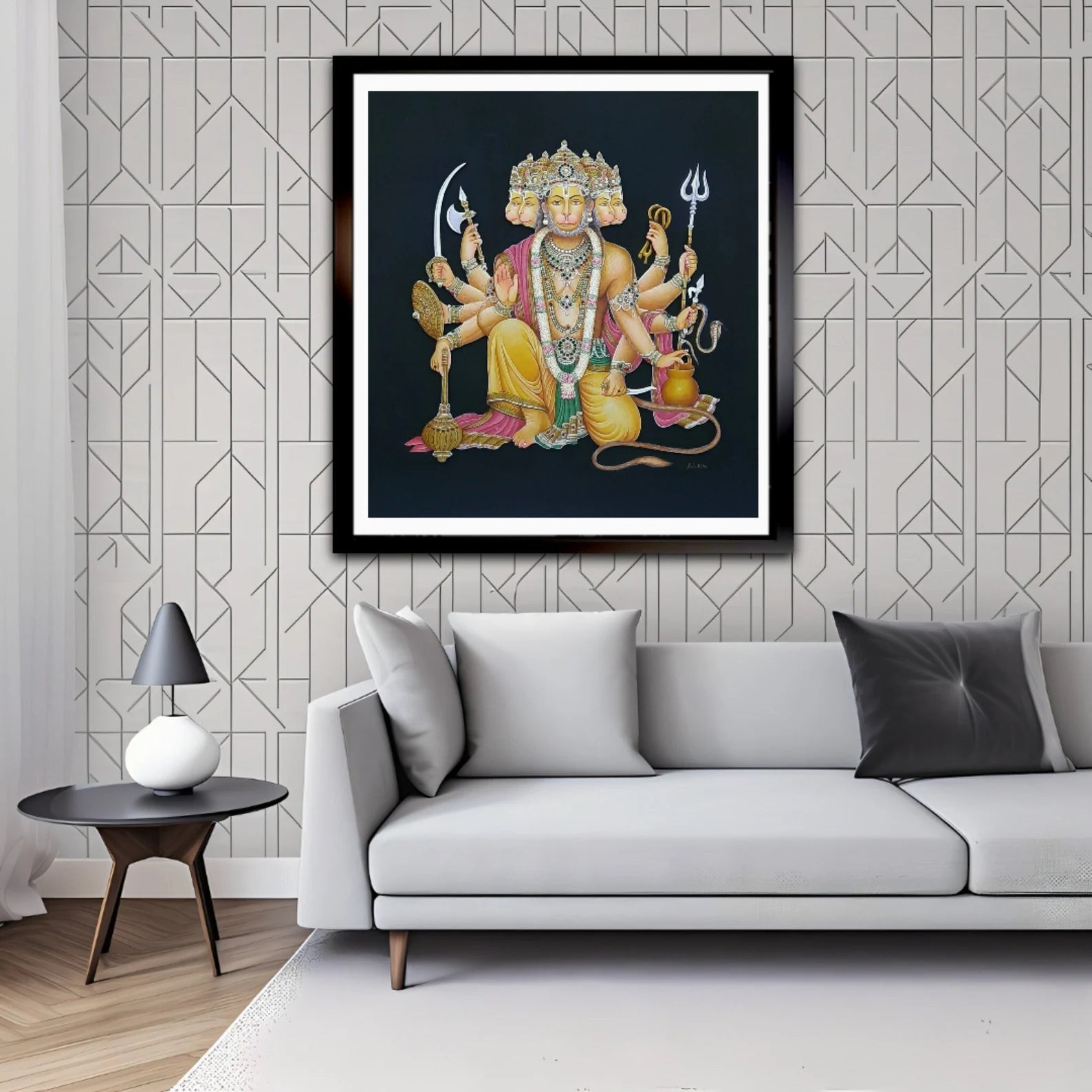 Traditional Panchmukhi Hanuman Ji painting displayed as devotional Indian wall art