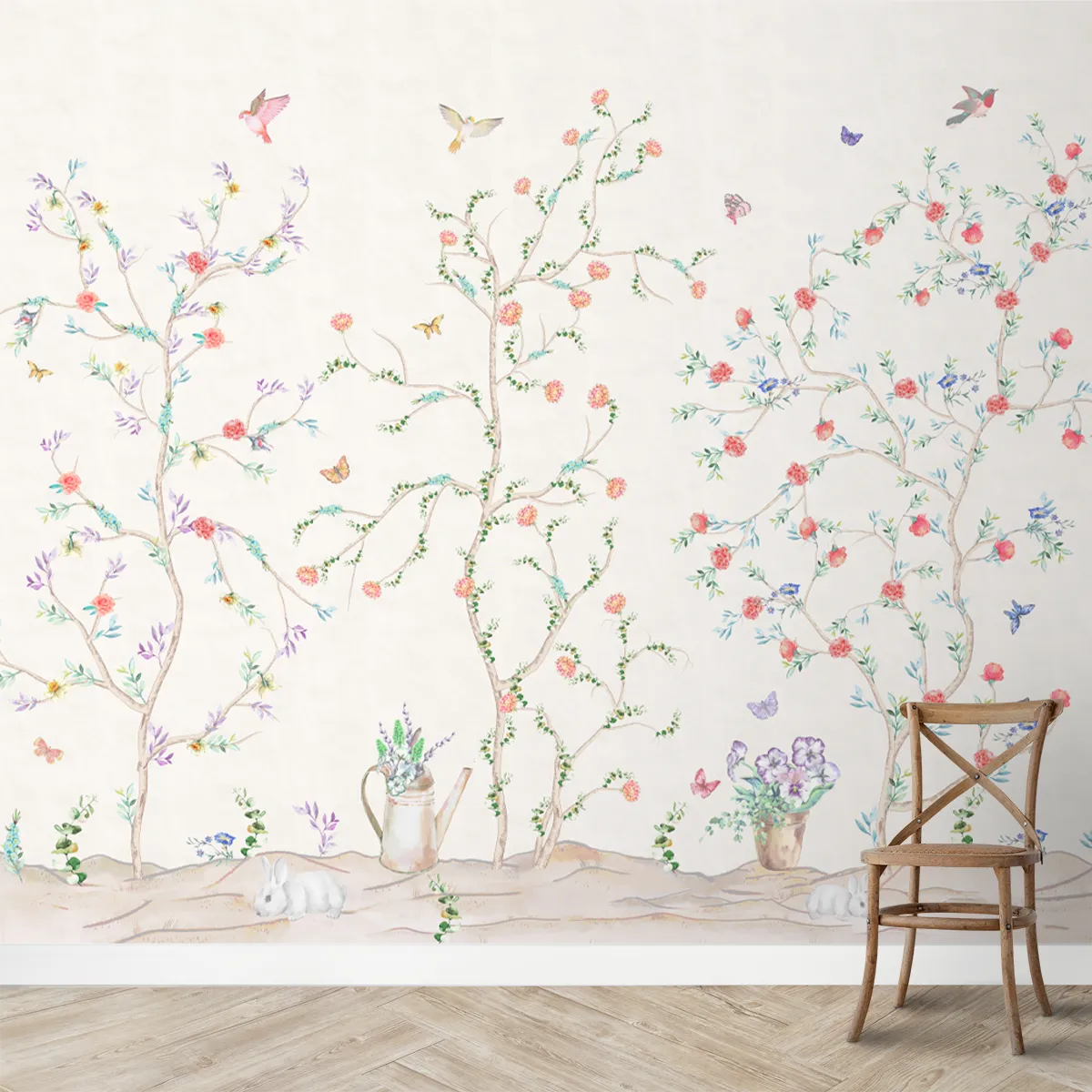Pastel Garden Phoolwadi wallpaper featuring soft pastel florals and a gentle garden inspired design for serene interiors