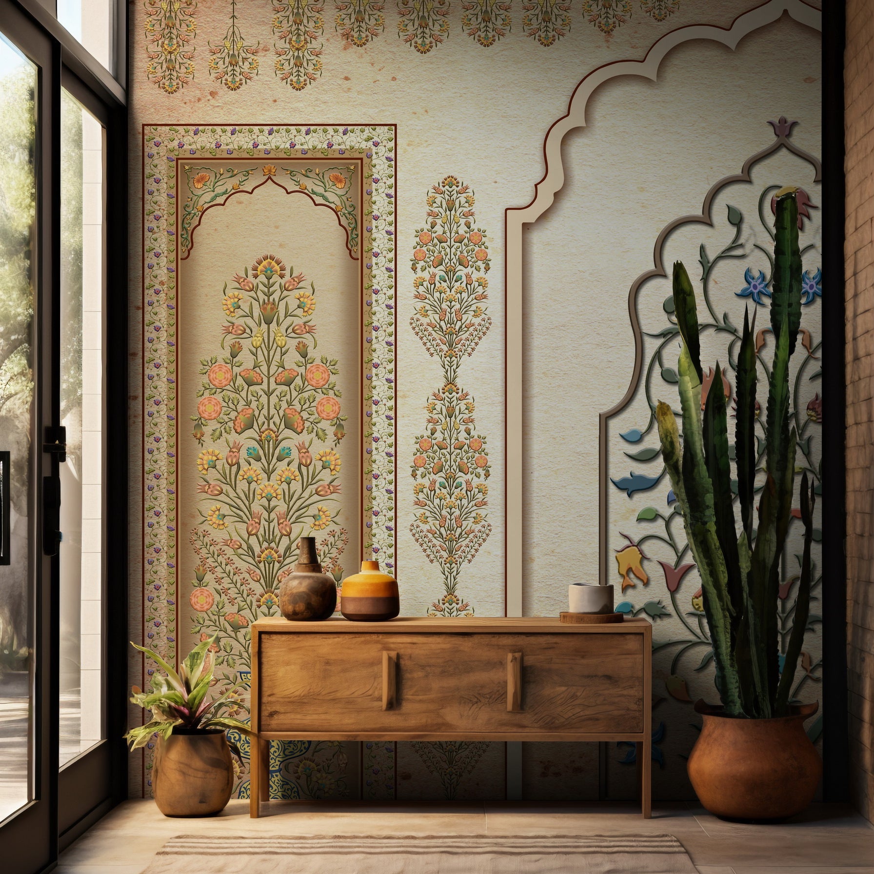 side view of Phool Toran wallpaper installed - customized indian wallpaper for room