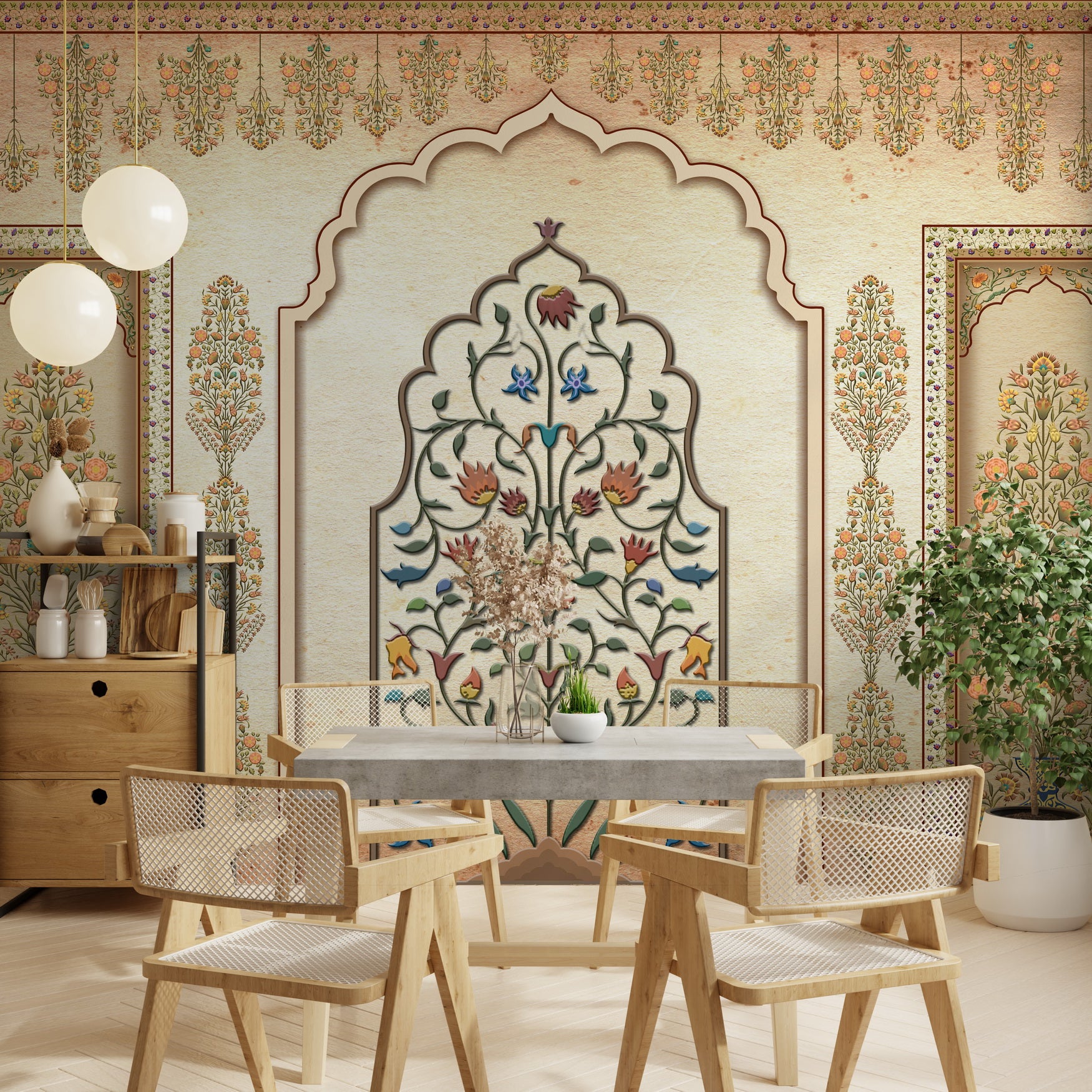 Brahm Floral Gateway Phool Toran wallpaper pattern - customized wallpaper with intricate vines and blooming flowers