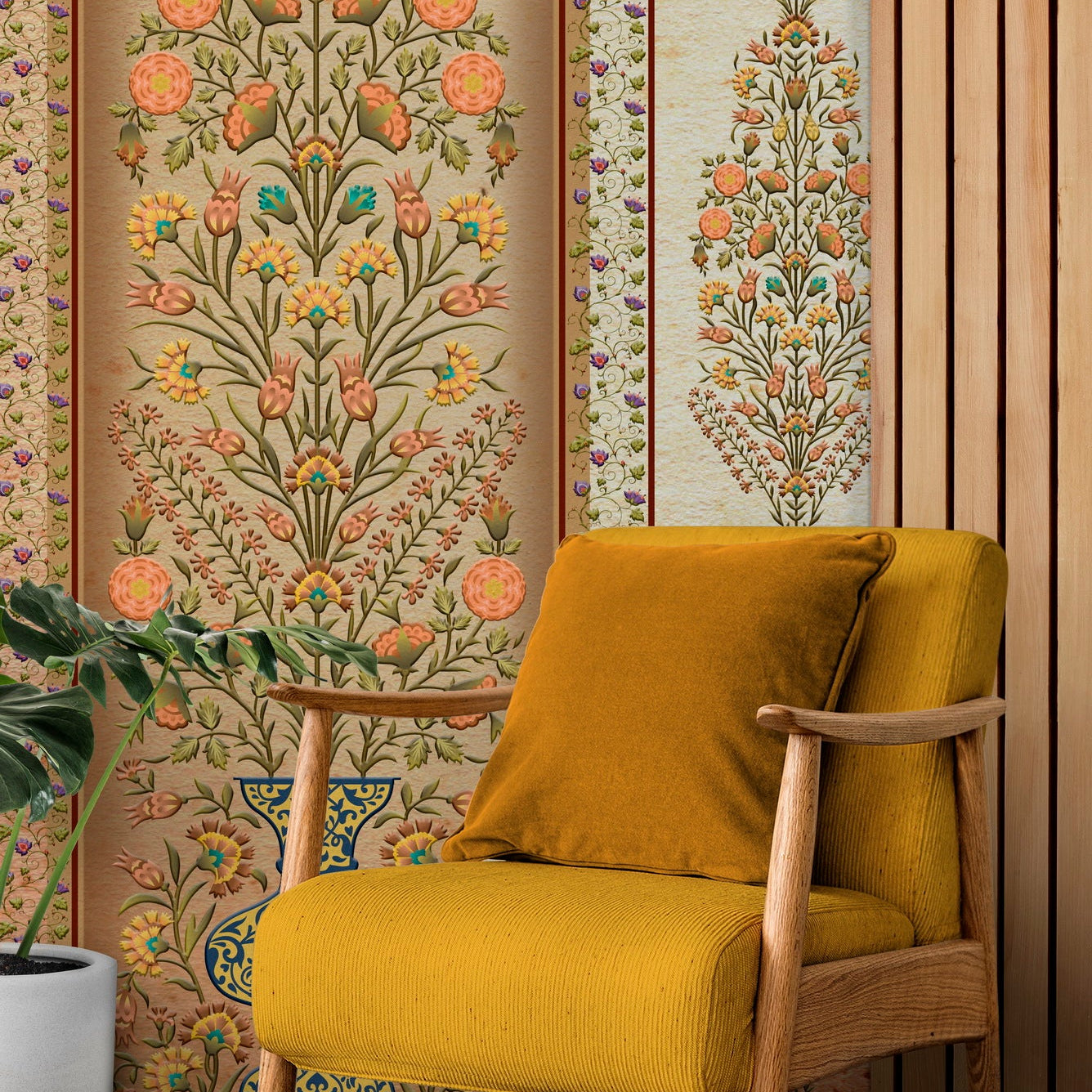 sample panel of Phool Toran floral wallpaper - customized wallpaper with flowering vines and warm tones