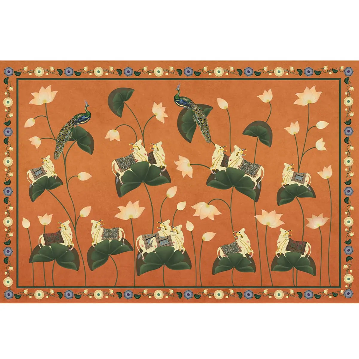 Sacred flower inspired Pichwai cow wall design depicting a revered cow motif with traditional Indian floral detailing and spiritual symbolism