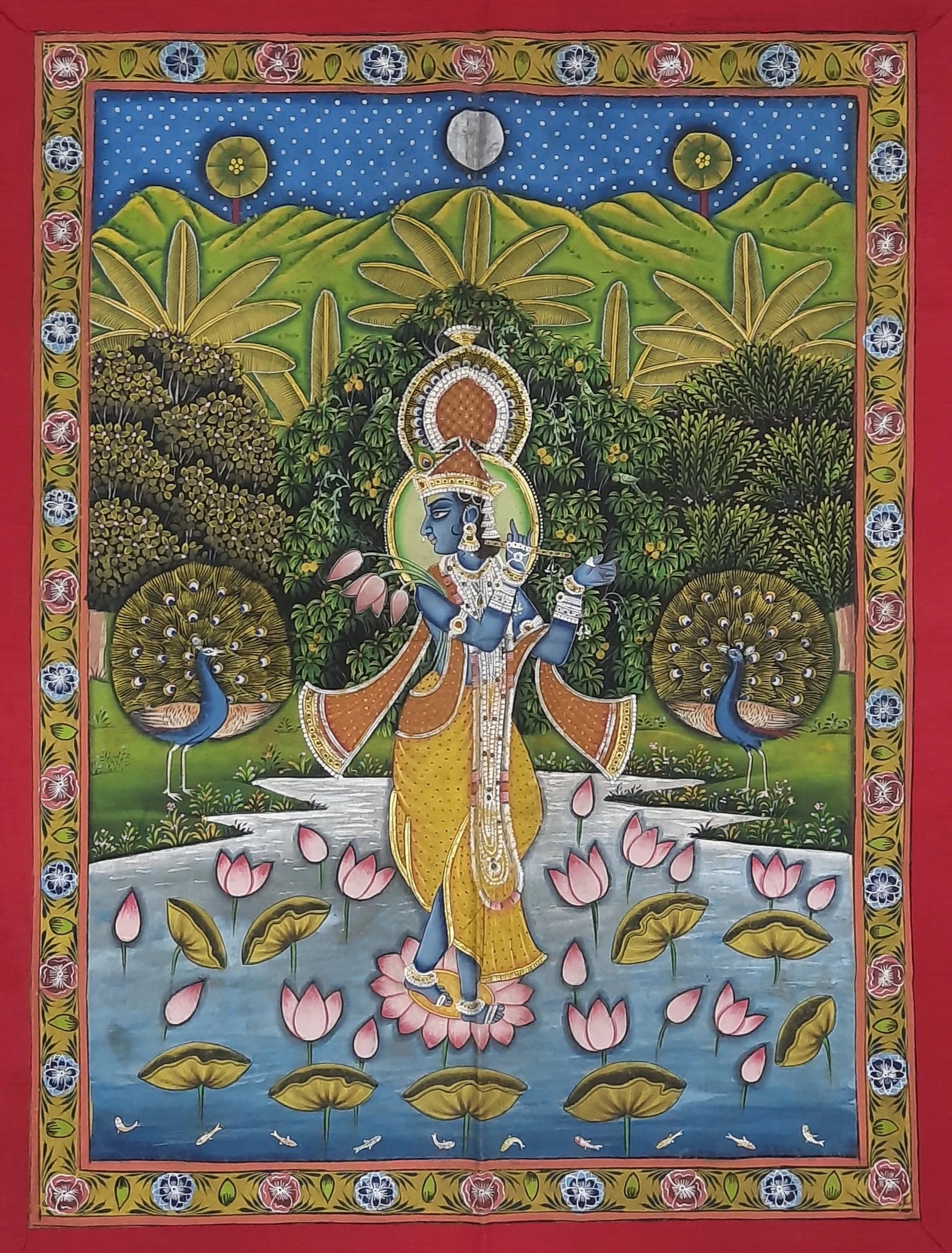 Pichwai painting of Lord Krishna standing on a lotus, hand painted on cloth