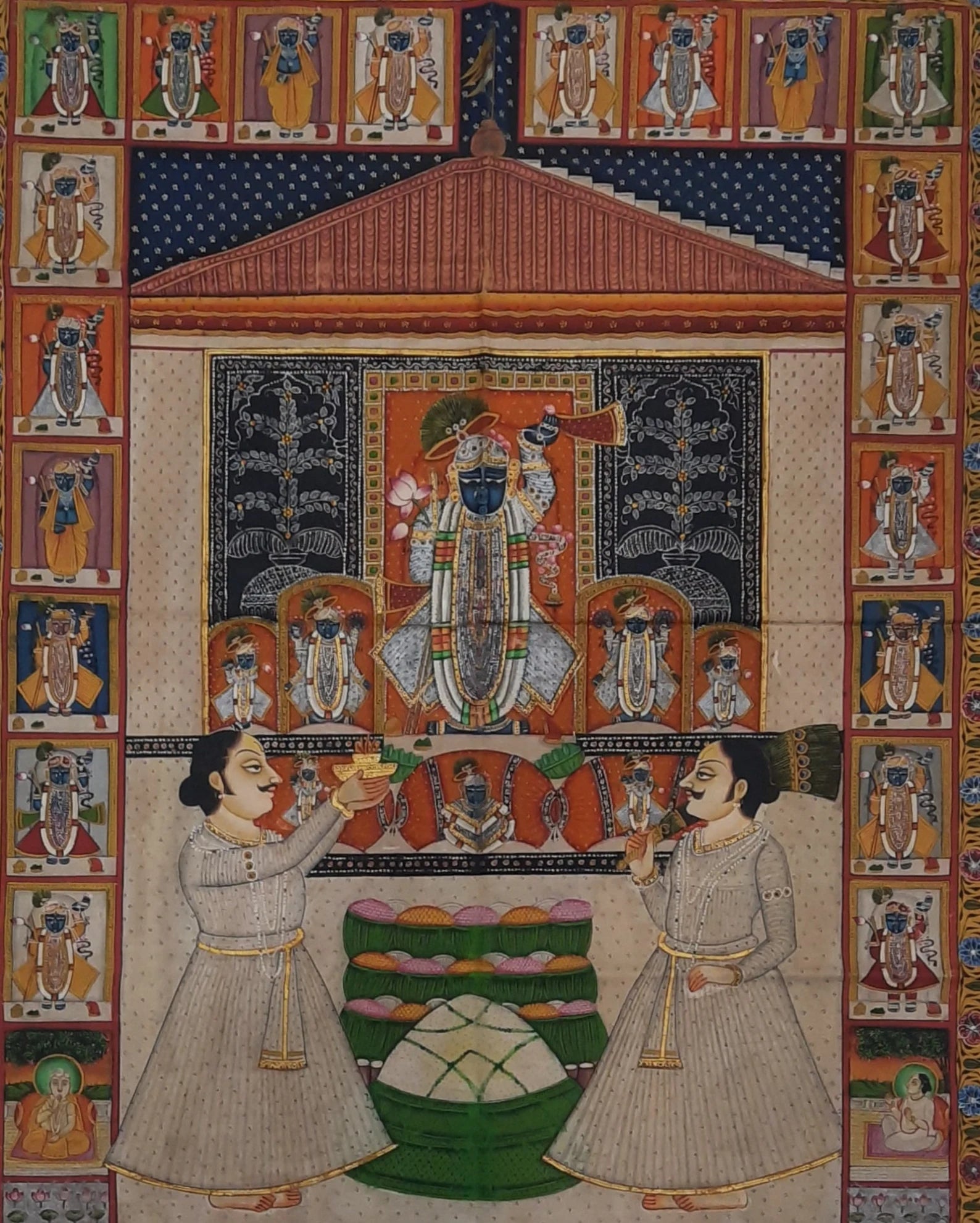 Detailed Pichwai painting showing Lord Shrinathji in a temple setting with attendants