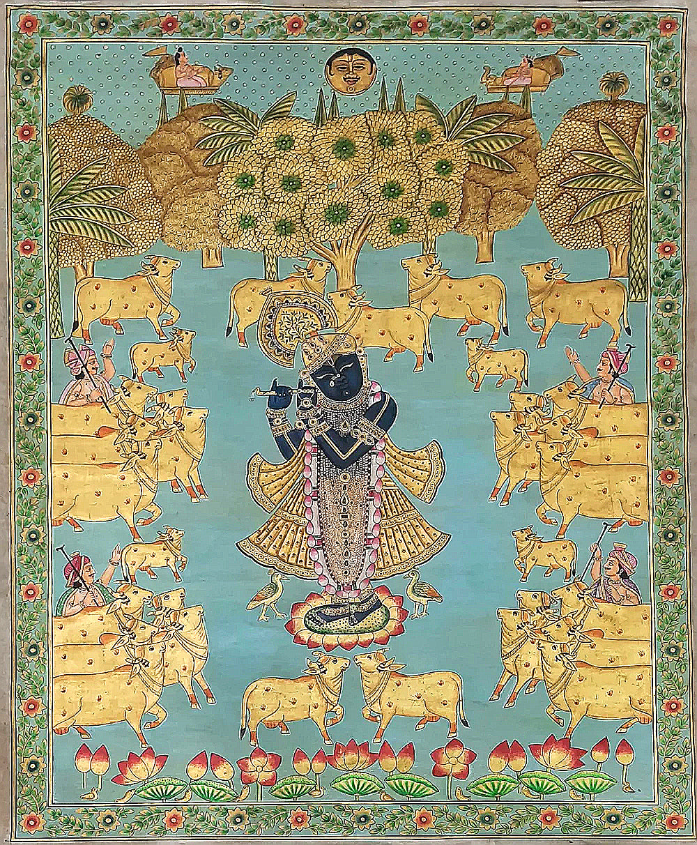 Pichwai Painting- Shrinathji with Cows- Hand Painted on Cloth