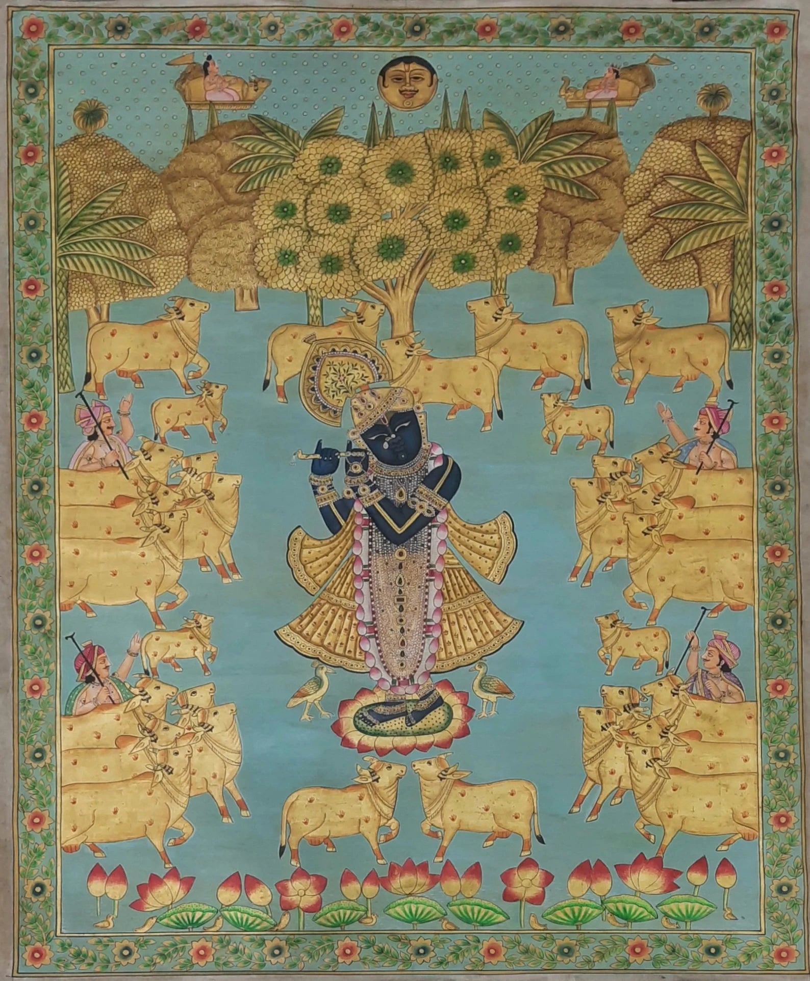 Pichwai painting of Shrinathji with sacred cows, hand painted on cloth in traditional devotional style