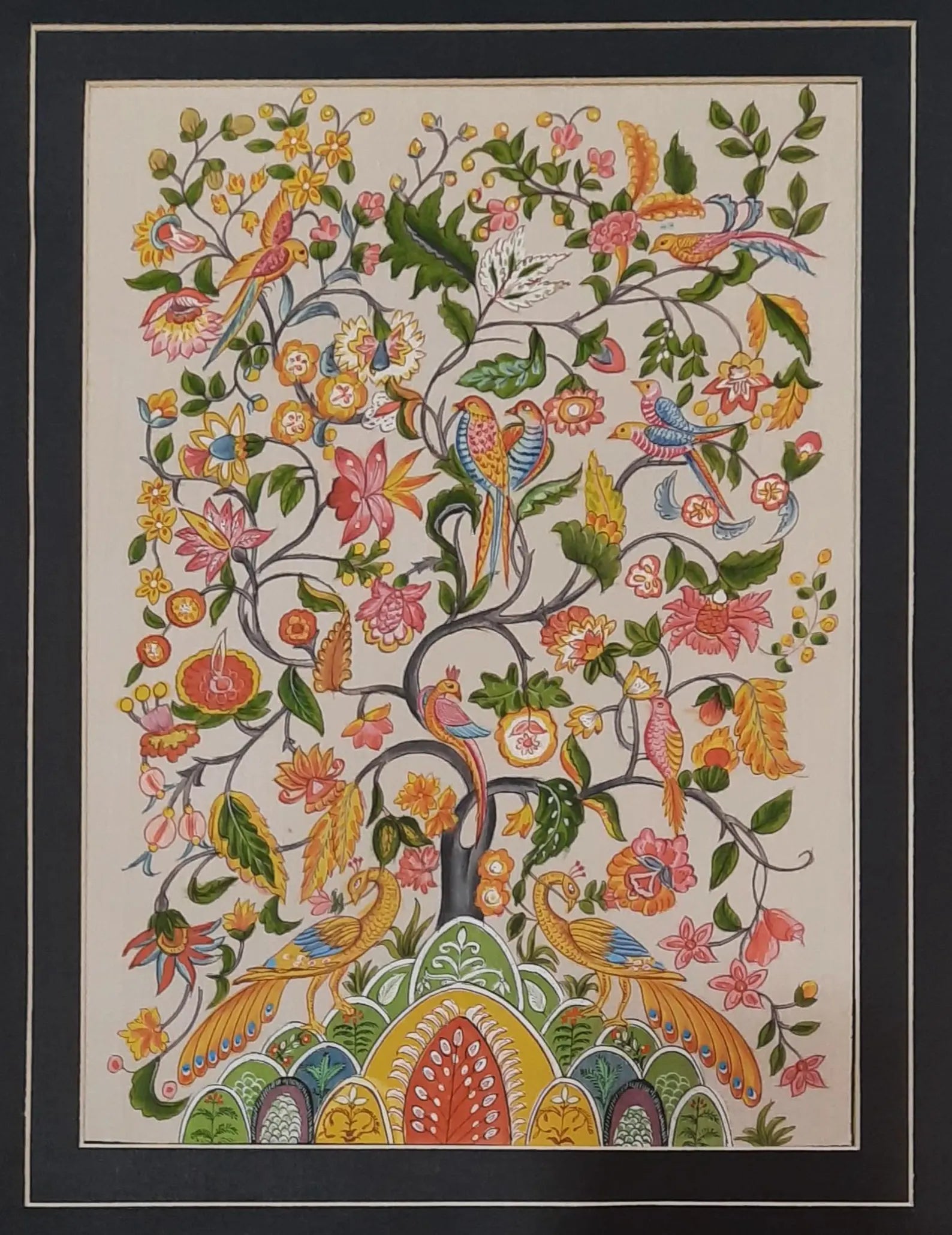 Colorful floral and bird pattern with intricate details on a beige background