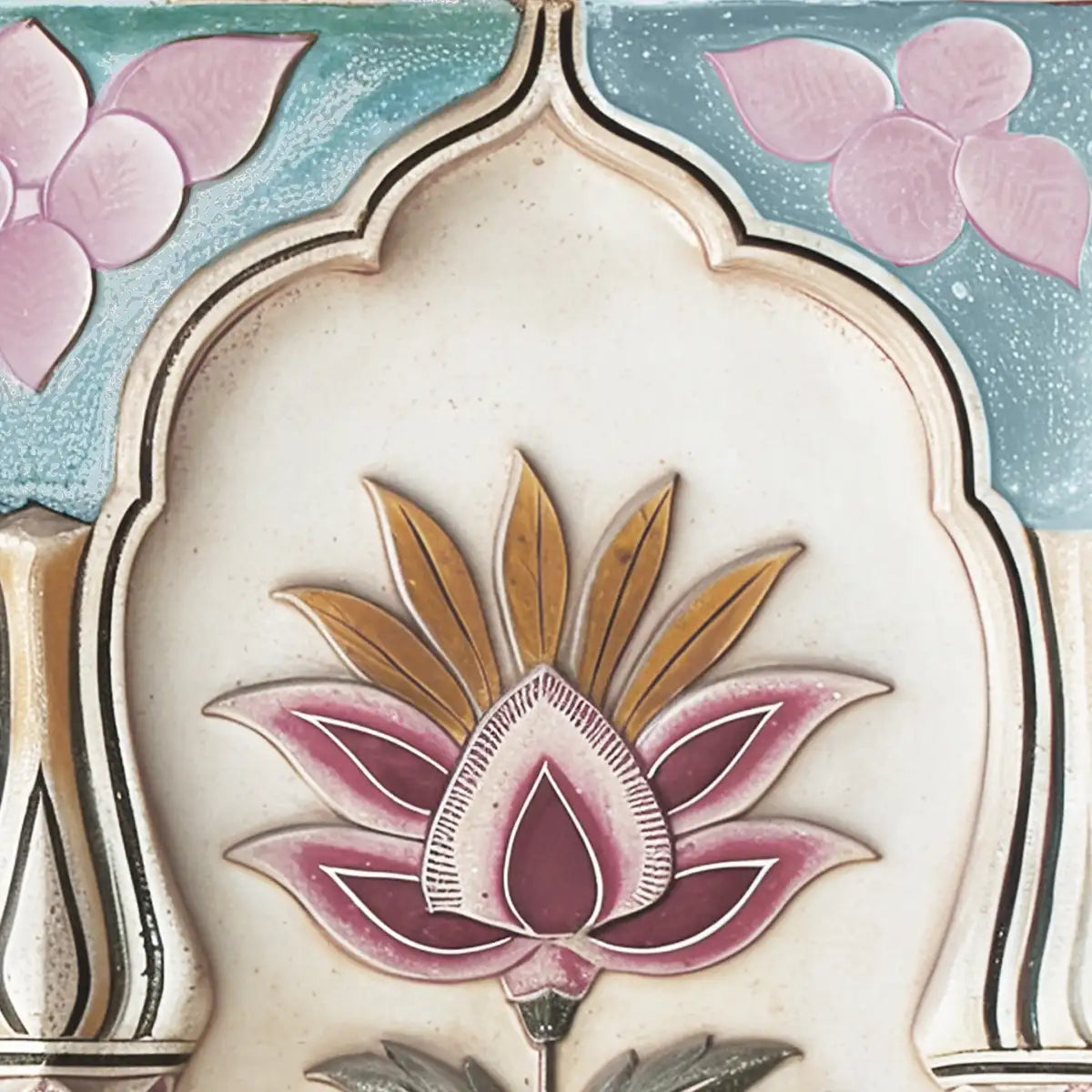 Lotus motif detail from Pushpanjali wallpaper in green and pink tones