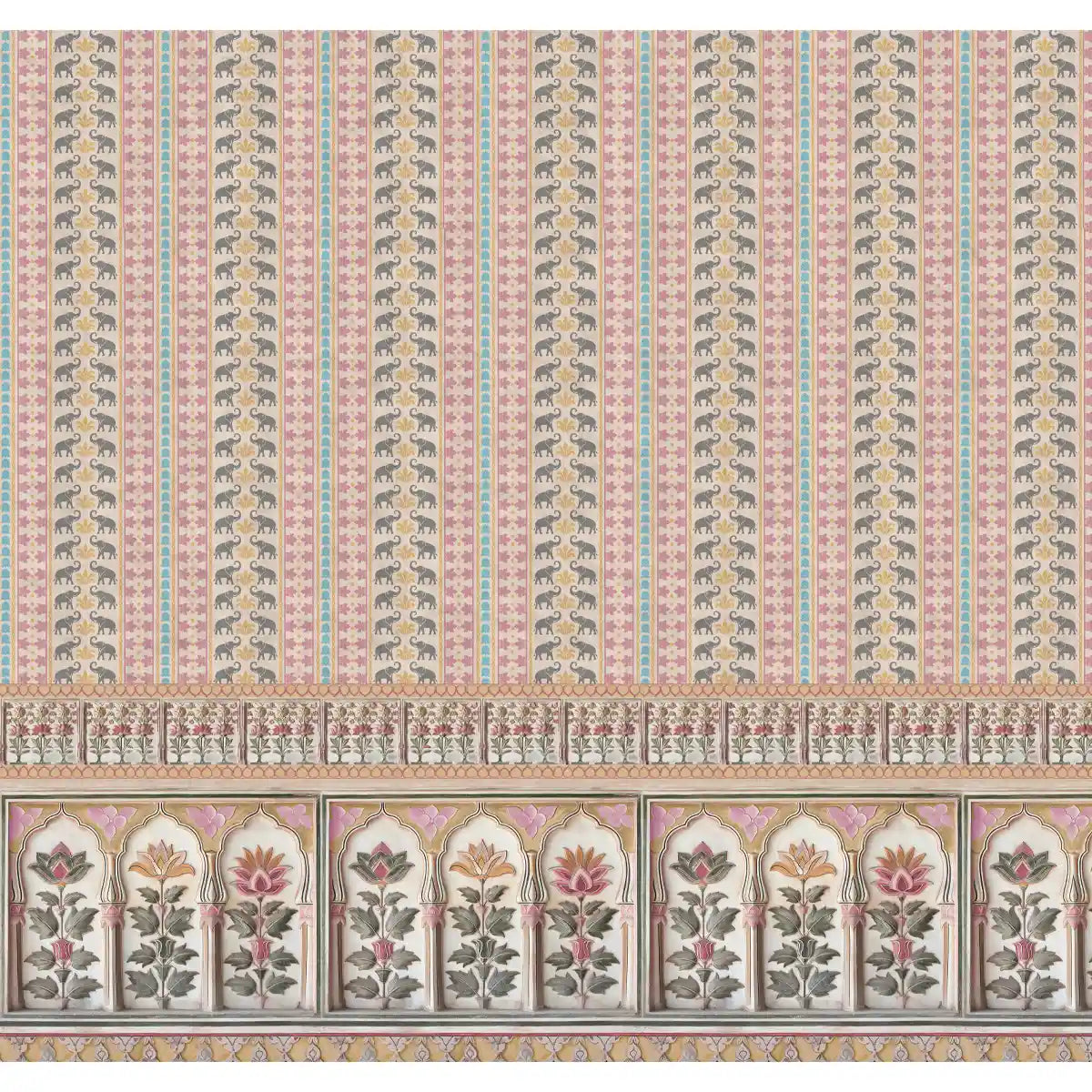 Pushpanjali wallpaper lower border with elephant procession and geometric patterns in saffron