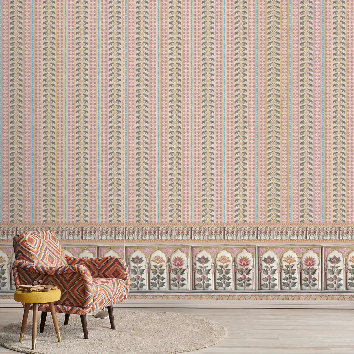 Pushpanjali wallpaper in saffron tones with floral arches and elephant motifs