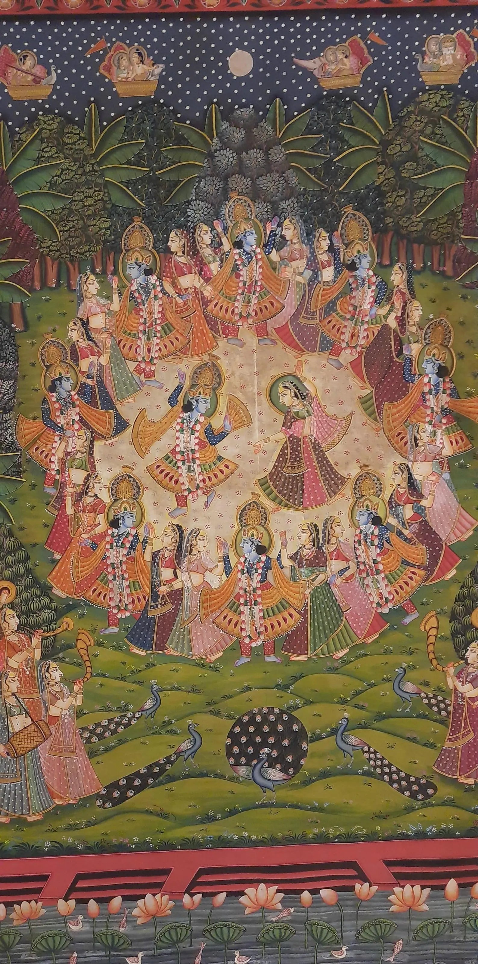 Vertical Radha Krishna Pichwai painting showing Raas Leela with detailed figures