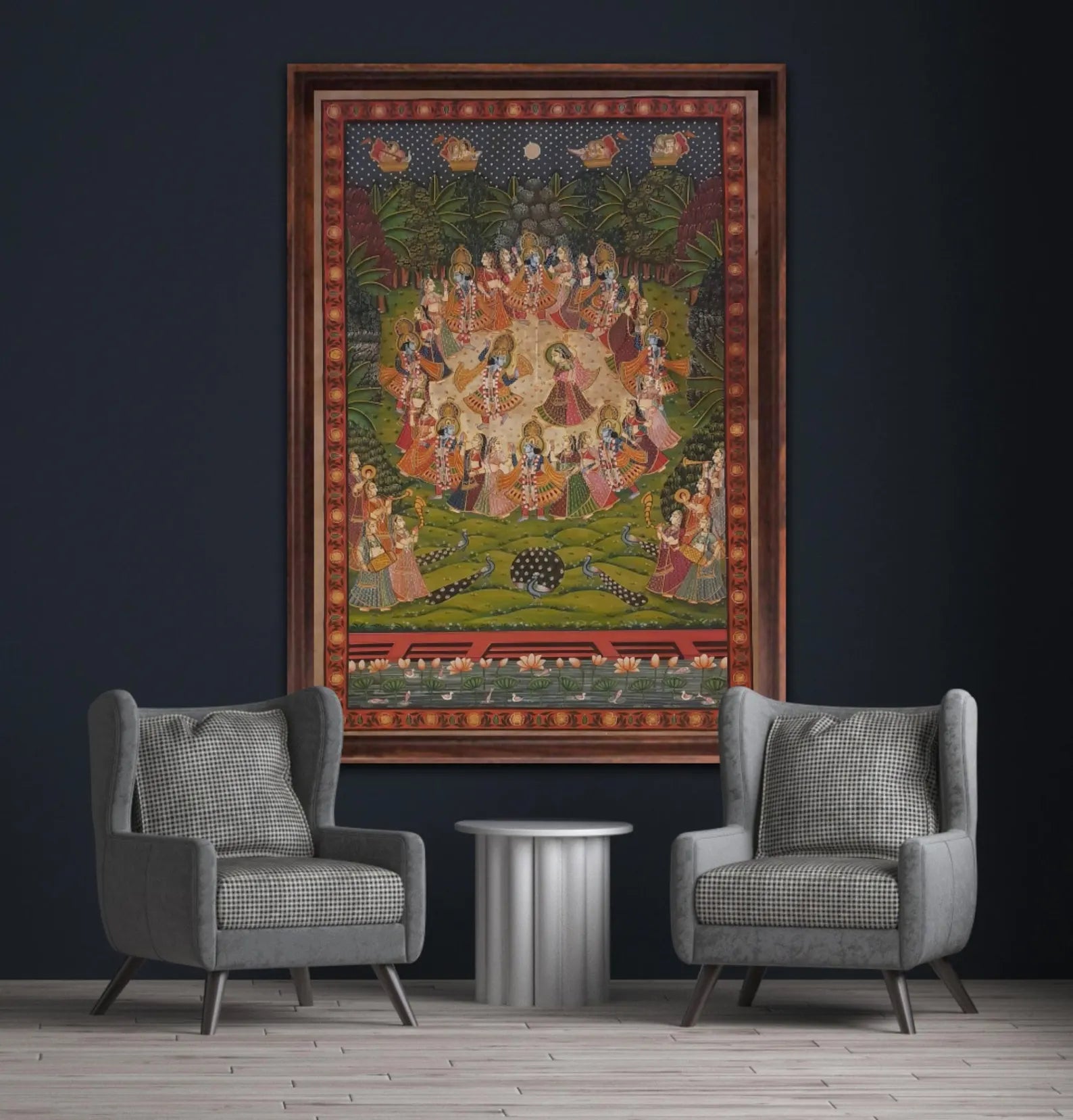 Central Raas Leela scene in a hand-painted Radha Krishna Pichwai painting