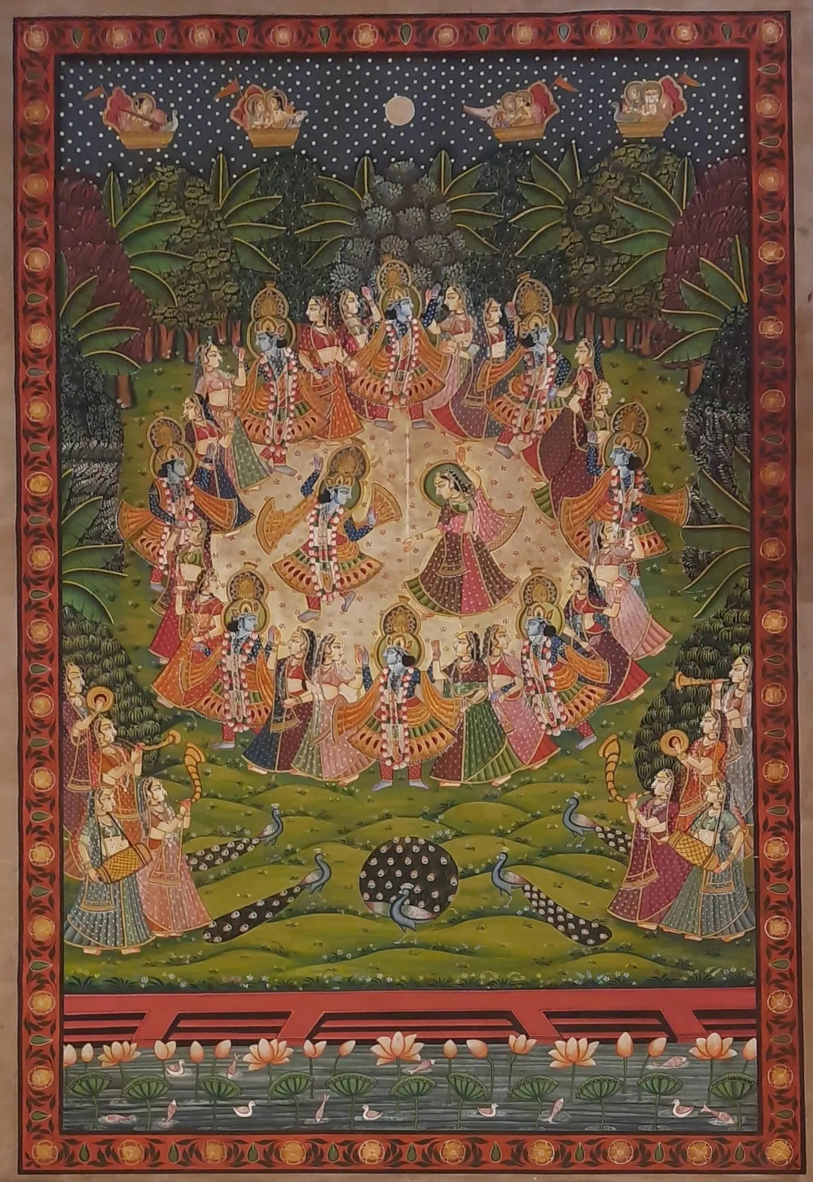 Hand-painted Radha Krishna Pichwai painting on cotton depicting the Raas Leela