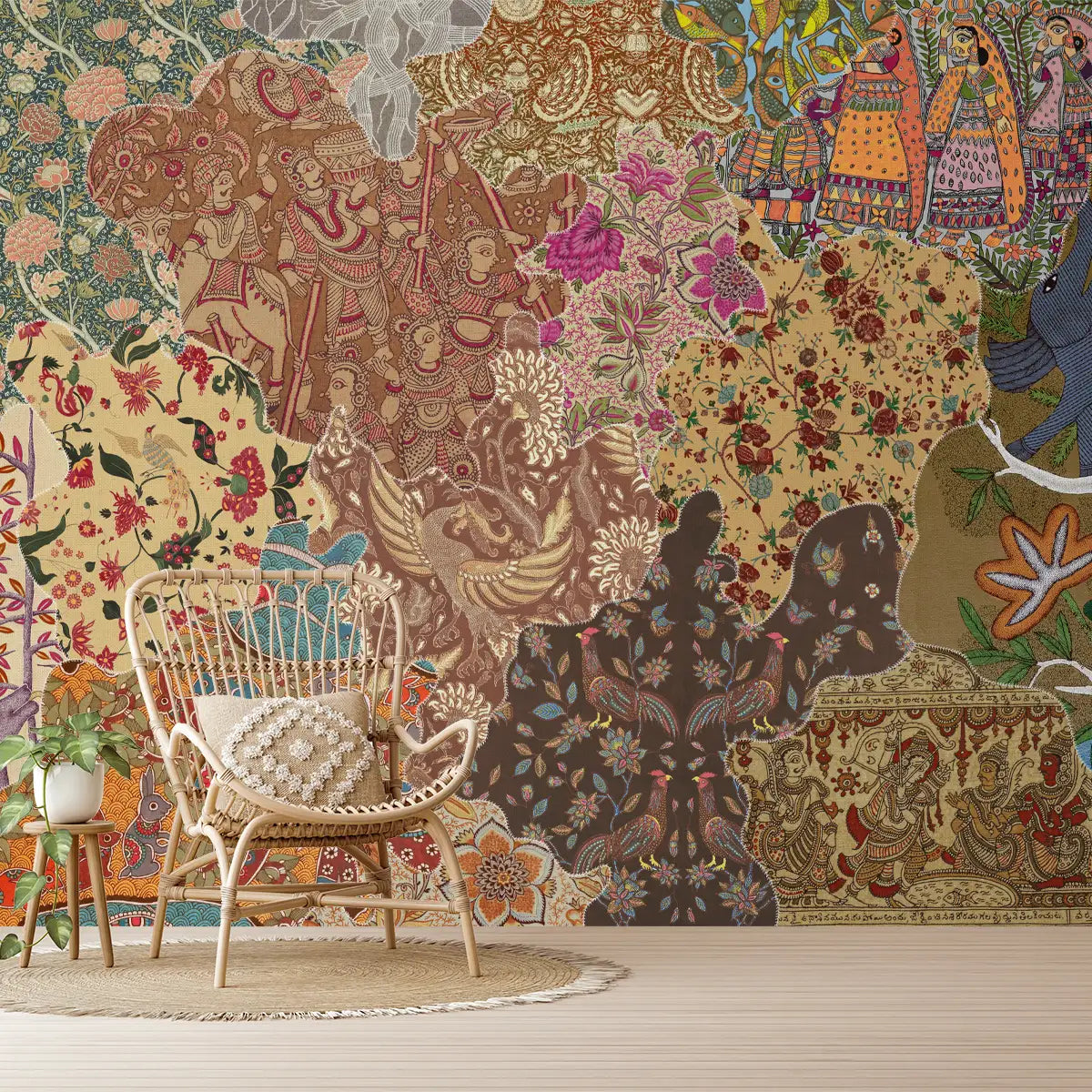 Decorative wall design inspired by woven fabrics, featuring layered textures and colorful ornamental accents