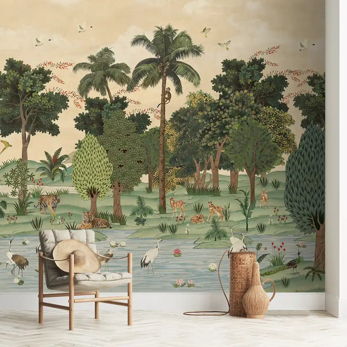 Ranthambore wildlife wallpaper styled in a living room, featuring forest scenery with deer and birds