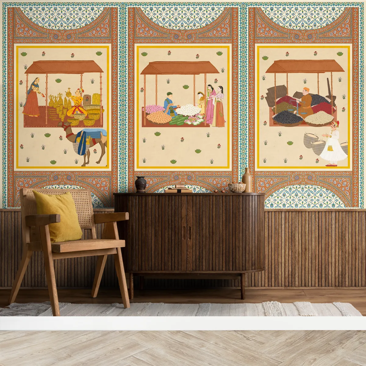 Regal interior design featuring ornate Indian patterns with rich detailing and a refined palace inspired aesthetic