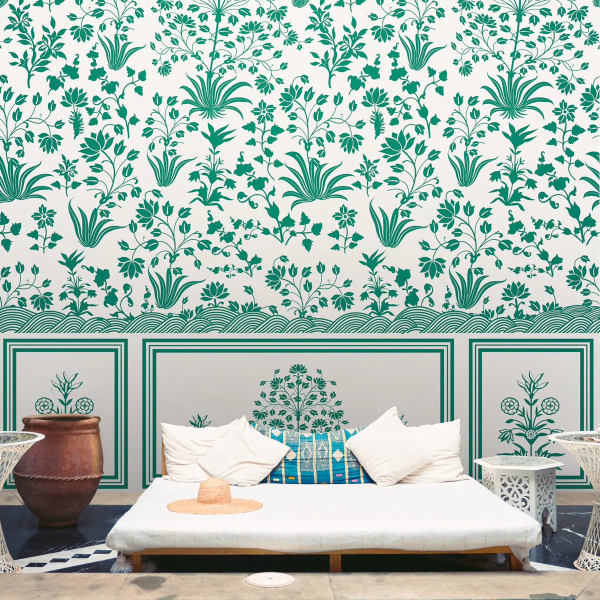 Traditional Indian floral wall mural styled as a bedroom wallpaper, blending Mughal garden patterns with elegant heritage décor.