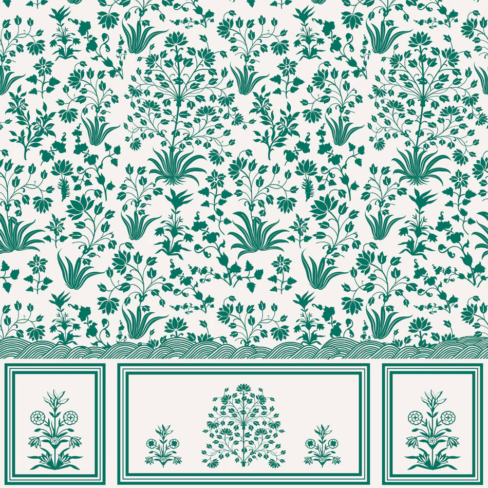 Heritage floral wallpaper featuring intricate Mughal-style vines and blossoms, designed as a statement Indian wall covering for classic interiors.