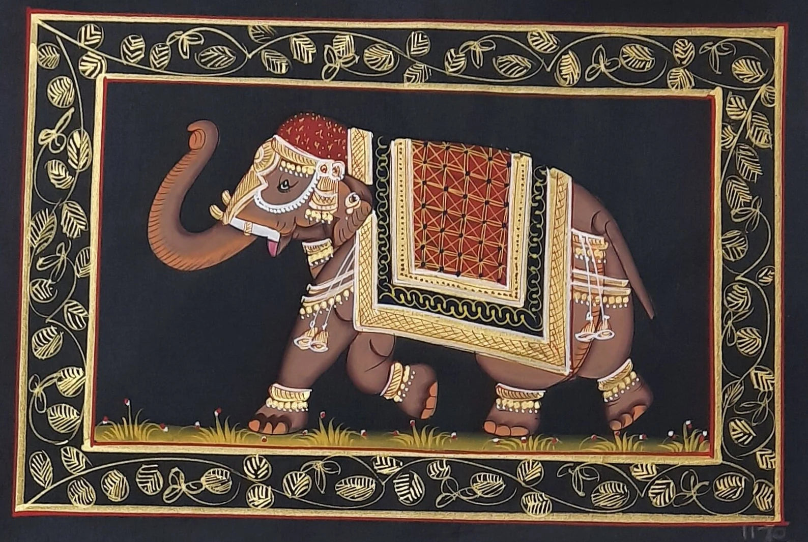 Royal elephant miniature artwork on silk symbolising strength and heritage