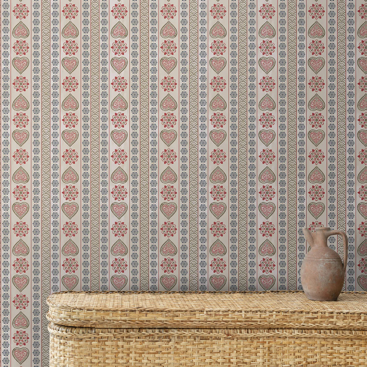 Royal haveli inspired wall design featuring Sarangi block print motifs with traditional Indian patterns and refined heritage elegance