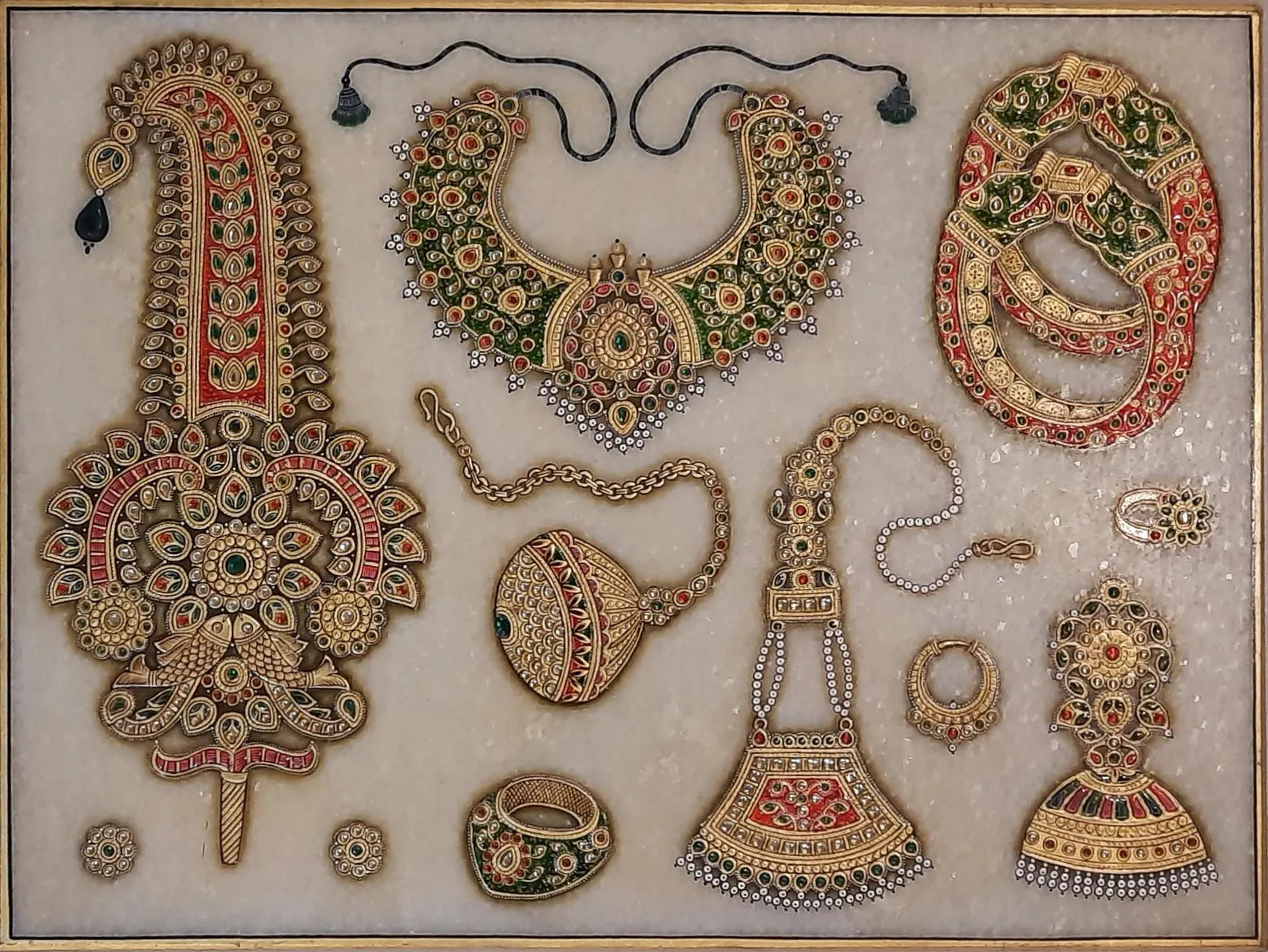 Detailed marble miniature painting featuring classic Indian jewelry patterns and ornamentation