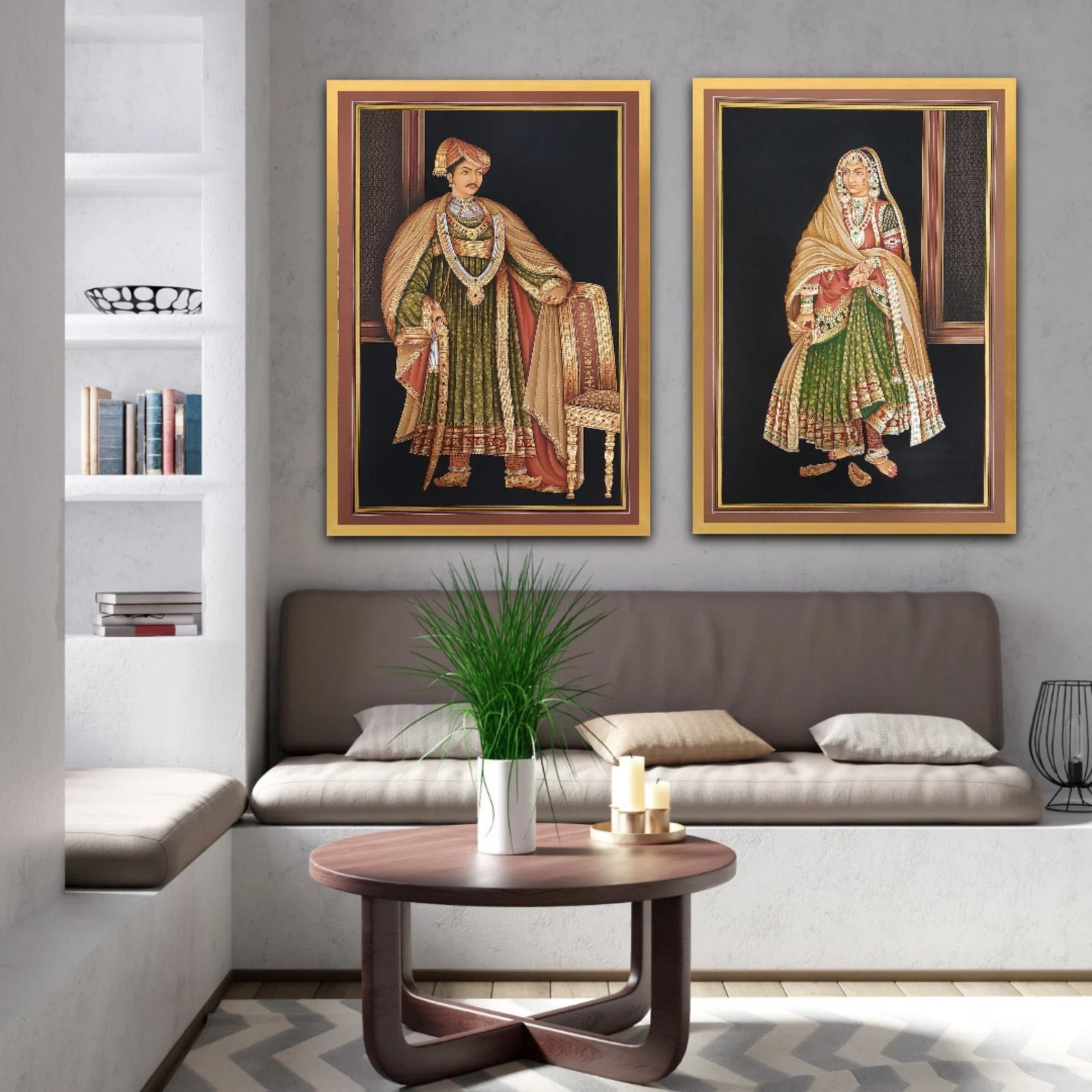 Handmade Indian miniature paintings of a royal king and queen displayed as wall art